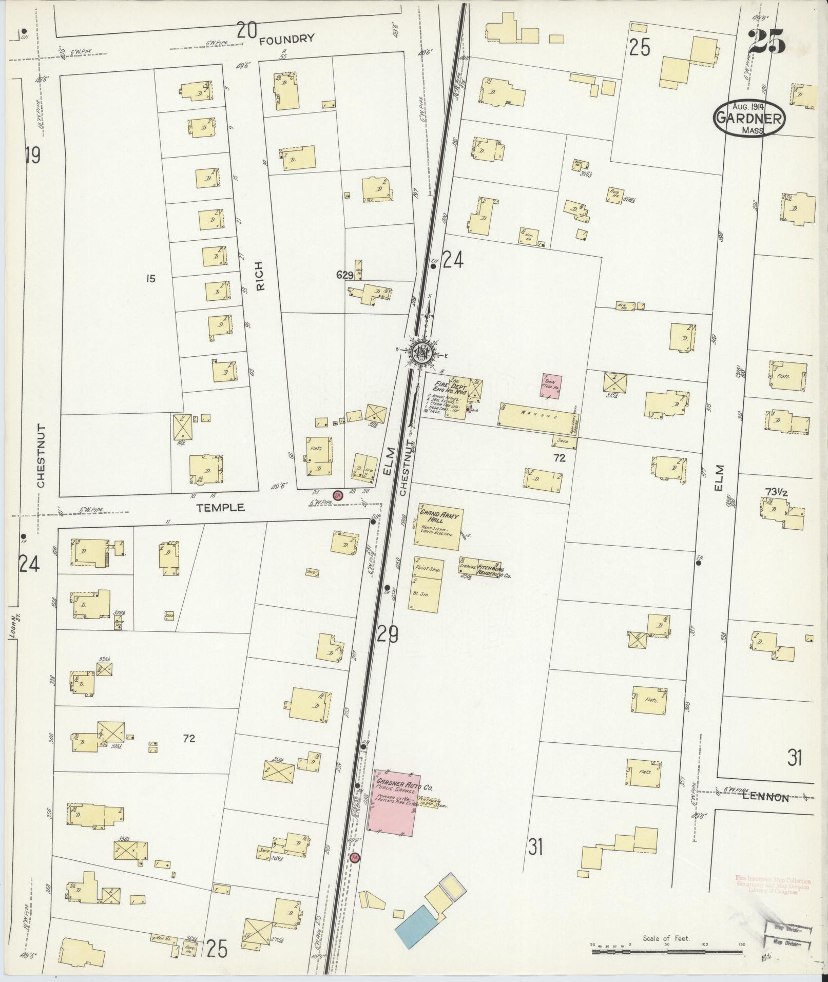 Sanborn Fire Insurance Map from Gardner, Worcester County, Massachusetts (1914), Sheet #0025 - Historic Sanborn Fire Insurance Map Print, vintage old map wall art, antique decor, genealogy gift, Massachusetts Massachusetts map
