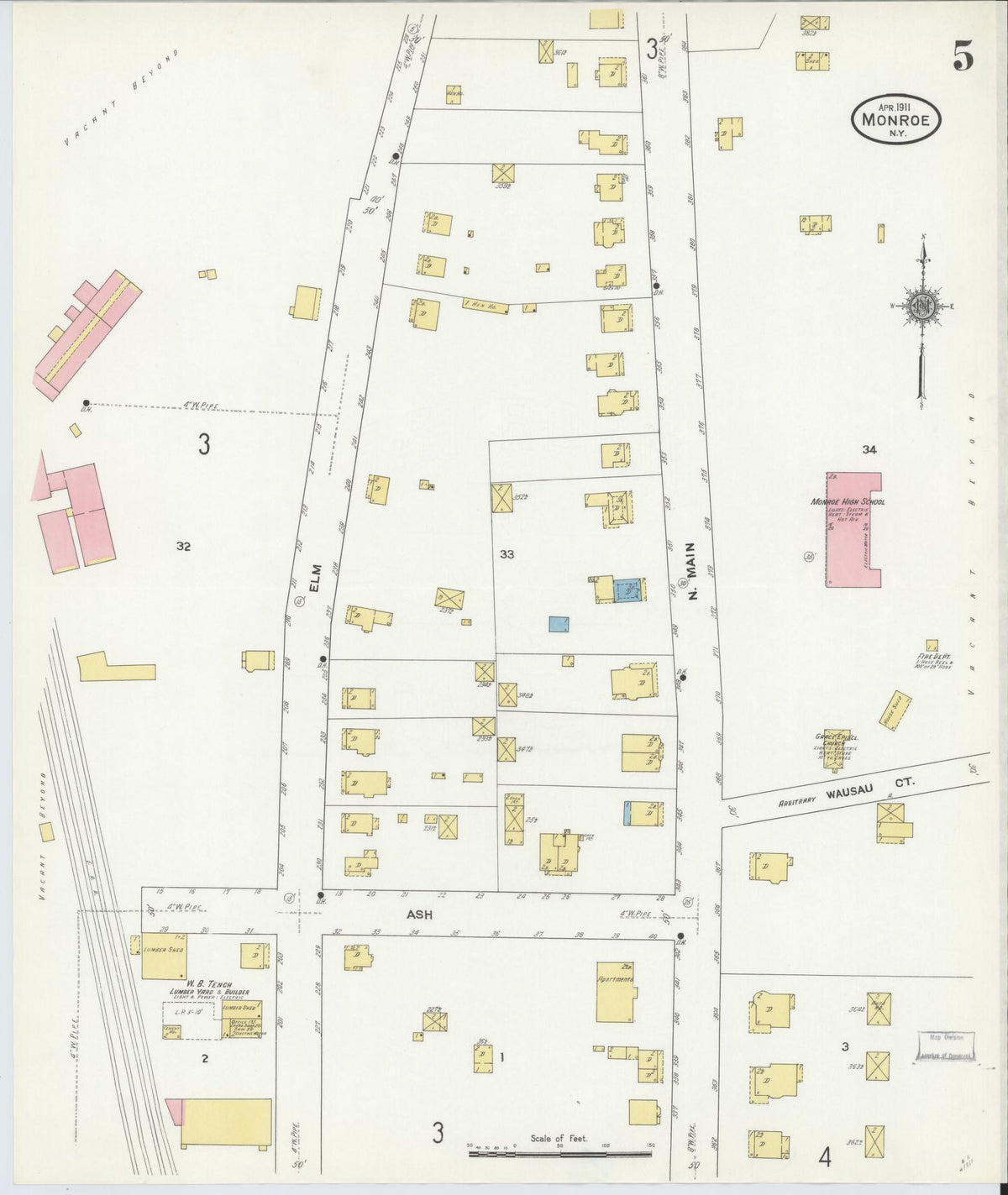 Sanborn Fire Insurance Map from Monroe, Orange County, New York (1911), Sheet #0005 - Historic Sanborn Fire Insurance Map Print, vintage old map wall art, antique decor, genealogy gift, New York New York map