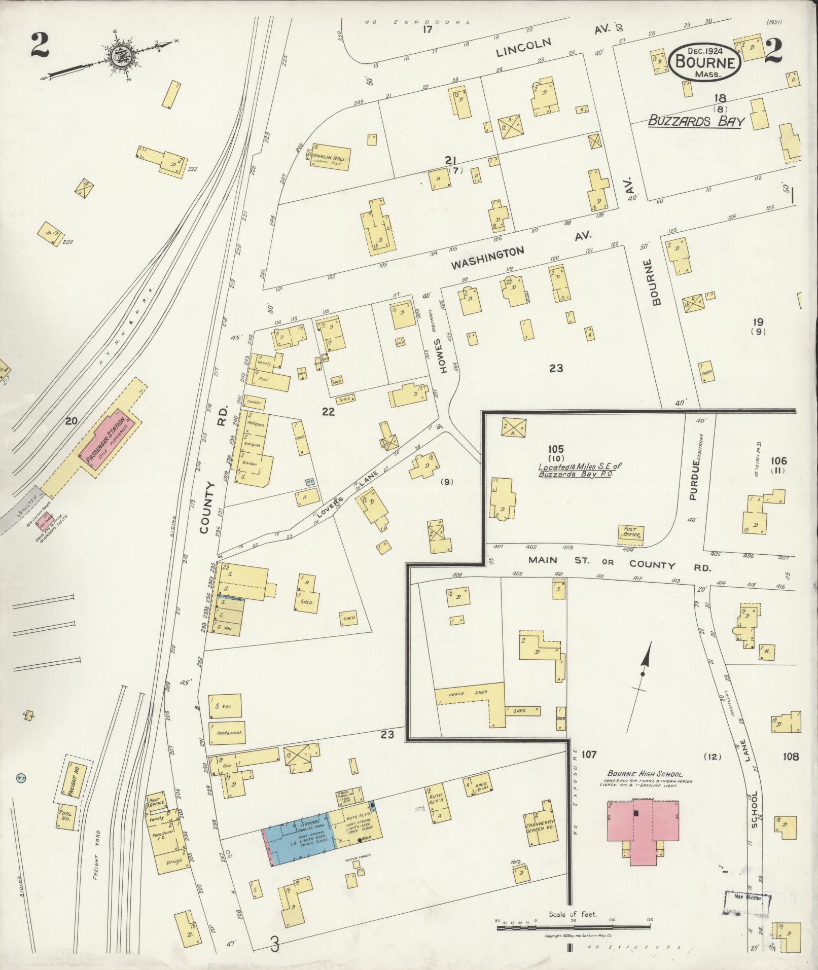 Sanborn Fire Insurance Map from Bourne, Barnstable County, Massachusetts (1924), Sheet #0002 - Complete Map Set gallery image, historic Sanborn map, vintage wall art, Massachusetts Massachusetts