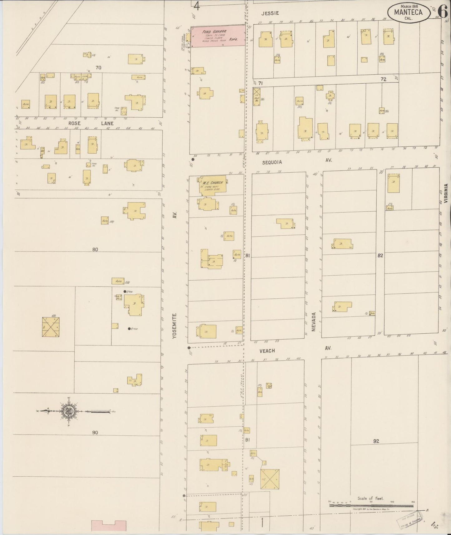 Sanborn Fire Insurance Map from Manteca, San Joaquin County, California (1918), Sheet #0006 - Historic Sanborn Fire Insurance Map Print, vintage old map wall art, antique decor, genealogy gift, California California map