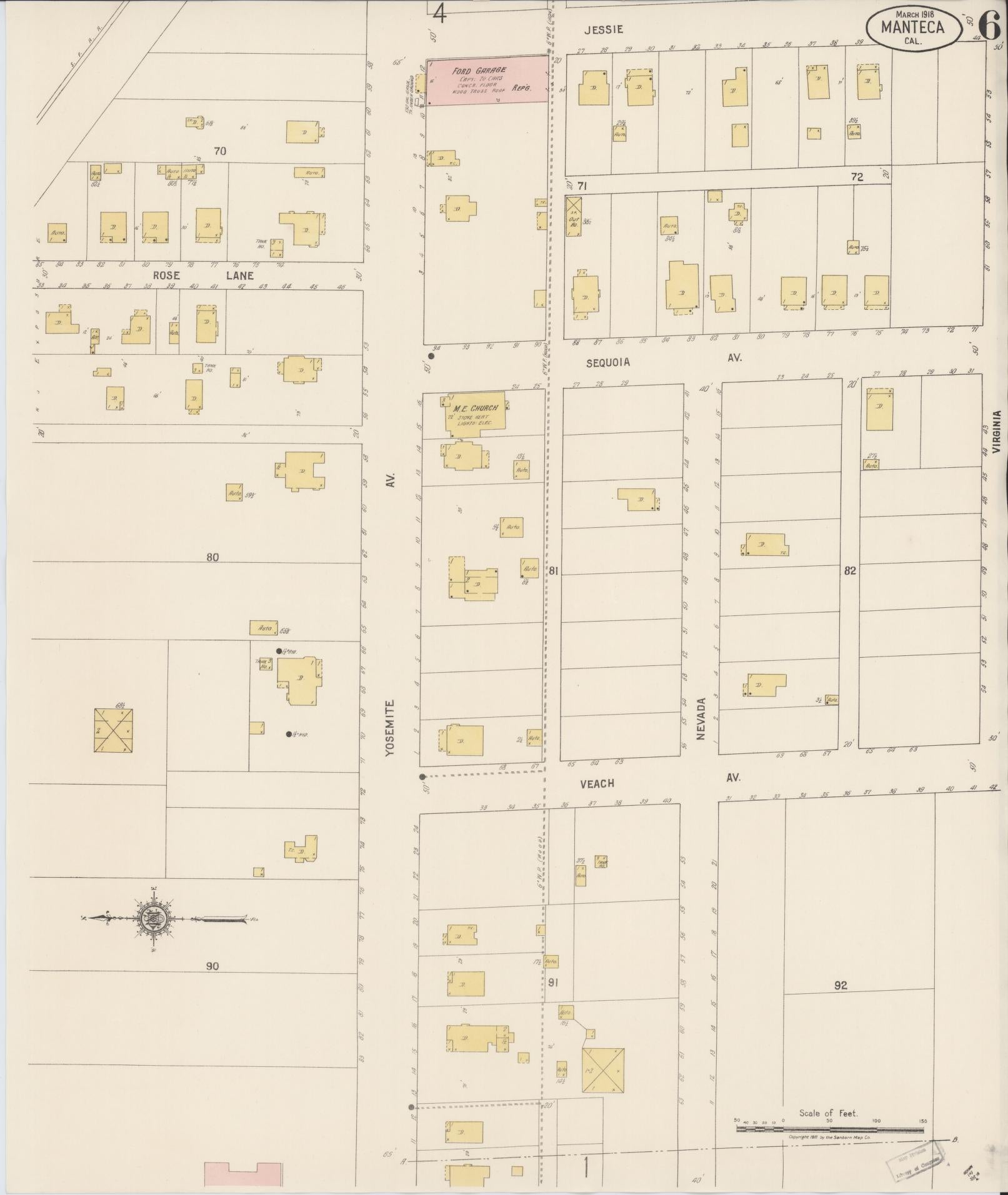 Sanborn Fire Insurance Map from Manteca, San Joaquin County, California (1918), Sheet #0006 - Historic Sanborn Fire Insurance Map Print, vintage old map wall art, antique decor, genealogy gift, California California map