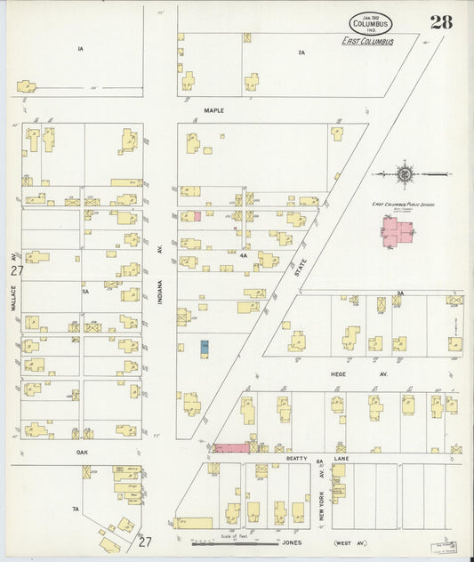 Sanborn Fire Insurance Map from Columbus, Bartholomew County, Indiana (1912), Sheet #0028 - Historic Sanborn Fire Insurance Map Print, vintage old map wall art, antique decor, genealogy gift, Indiana Indiana map