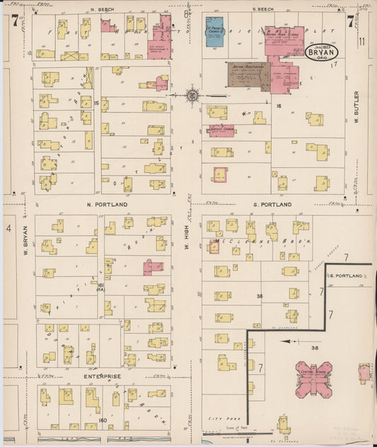 Sanborn Fire Insurance Map from Bryan, Williams County, Ohio (1923), Sheet #0007 - Historic Sanborn Fire Insurance Map Print, vintage old map wall art, antique decor, genealogy gift, Ohio Ohio map