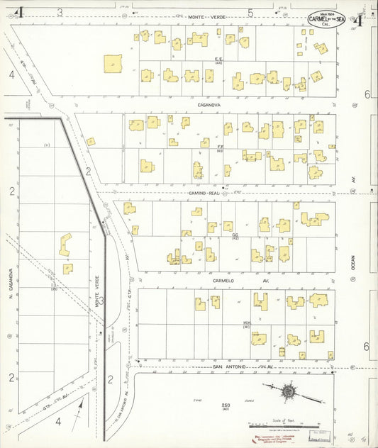 Sanborn Fire Insurance Map from Carmel By The Sea, Monterey County, California (1924), Sheet #0004 - Historic Sanborn Fire Insurance Map Print, vintage old map wall art, antique decor, genealogy gift, California California map