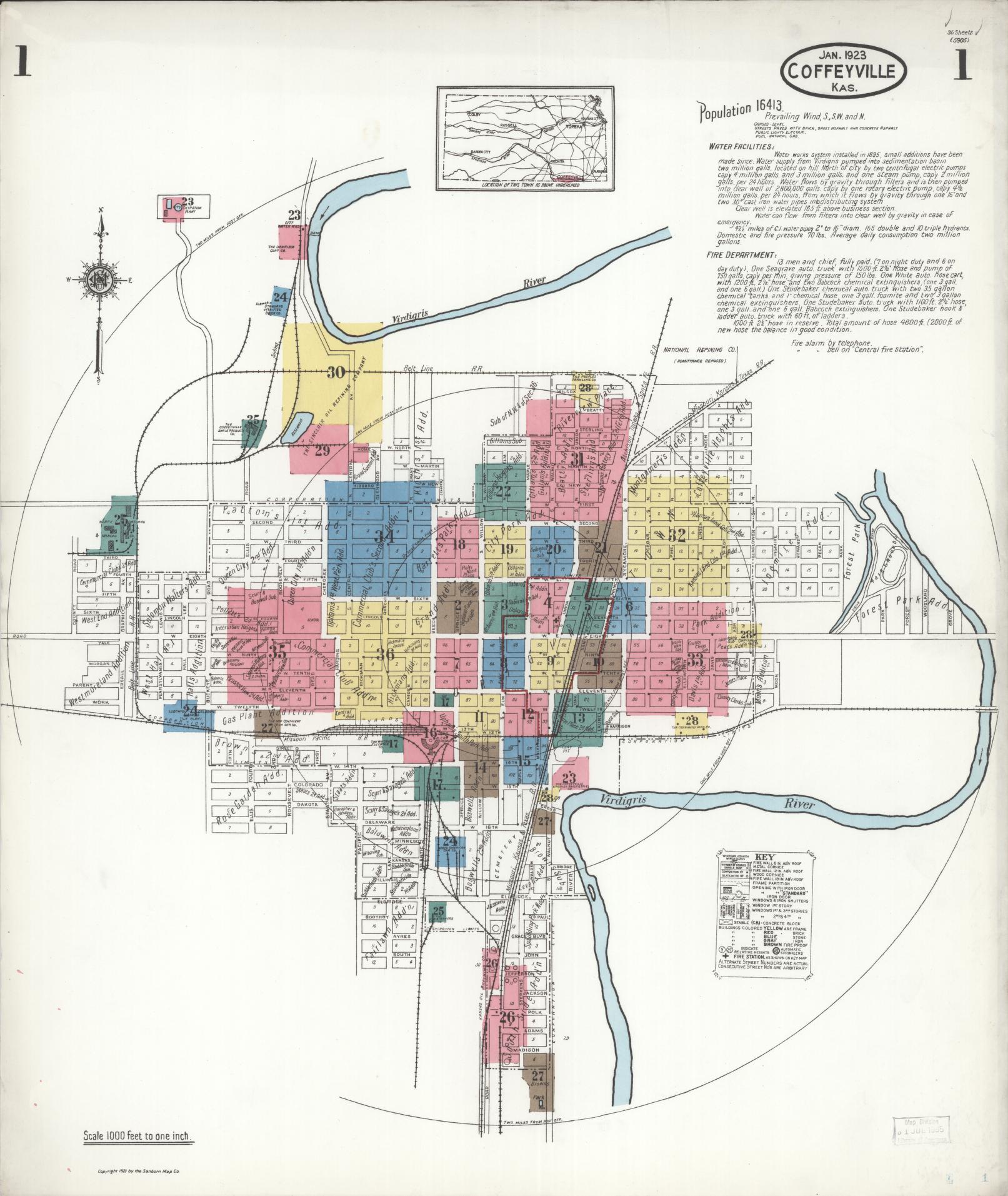 Sanborn Fire Insurance Map from Coffeyville, Montgomery County, Kansas (1923), Sheet #0001 - Complete Map Set gallery image, historic Sanborn map, vintage wall art, Kansas Kansas