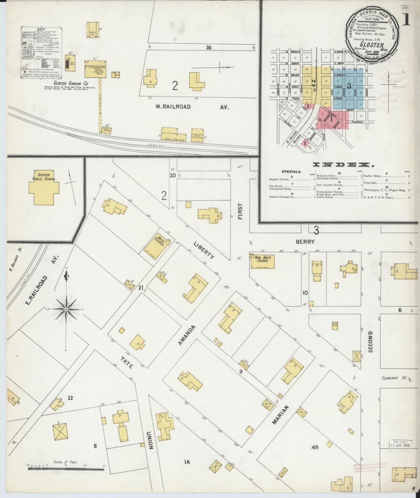 Sanborn Fire Insurance Map from Gloster, Amite County, Mississippi (1899), Sheet #0001 - Historic Sanborn Fire Insurance Map Print, vintage old map wall art, antique decor, genealogy gift, Mississippi Mississippi map