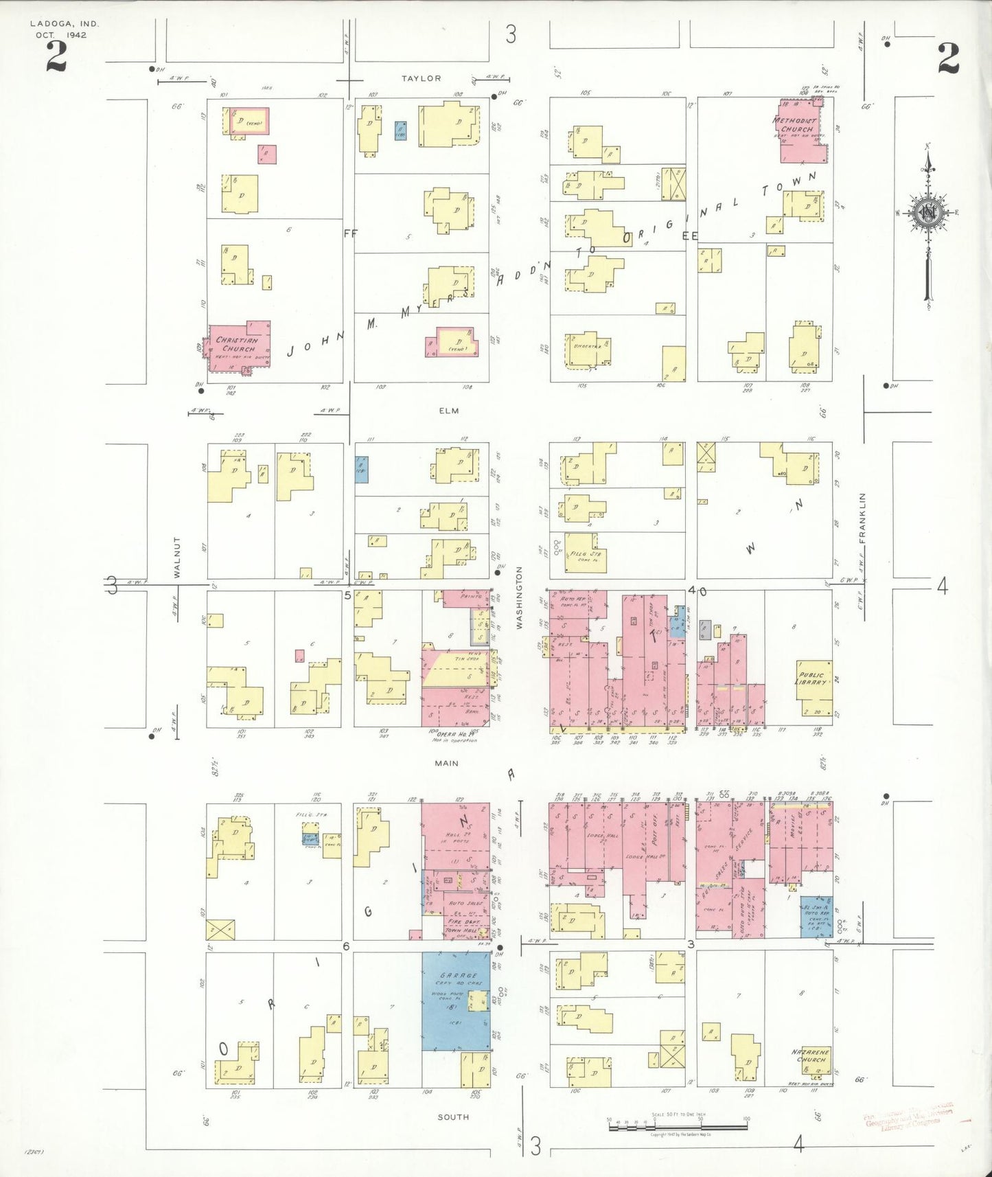Sanborn Fire Insurance Map from Ladoga, Montgomery County, Indiana (1942), Sheet #0002 - Complete Map Set gallery image, historic Sanborn map, vintage wall art, Indiana Indiana