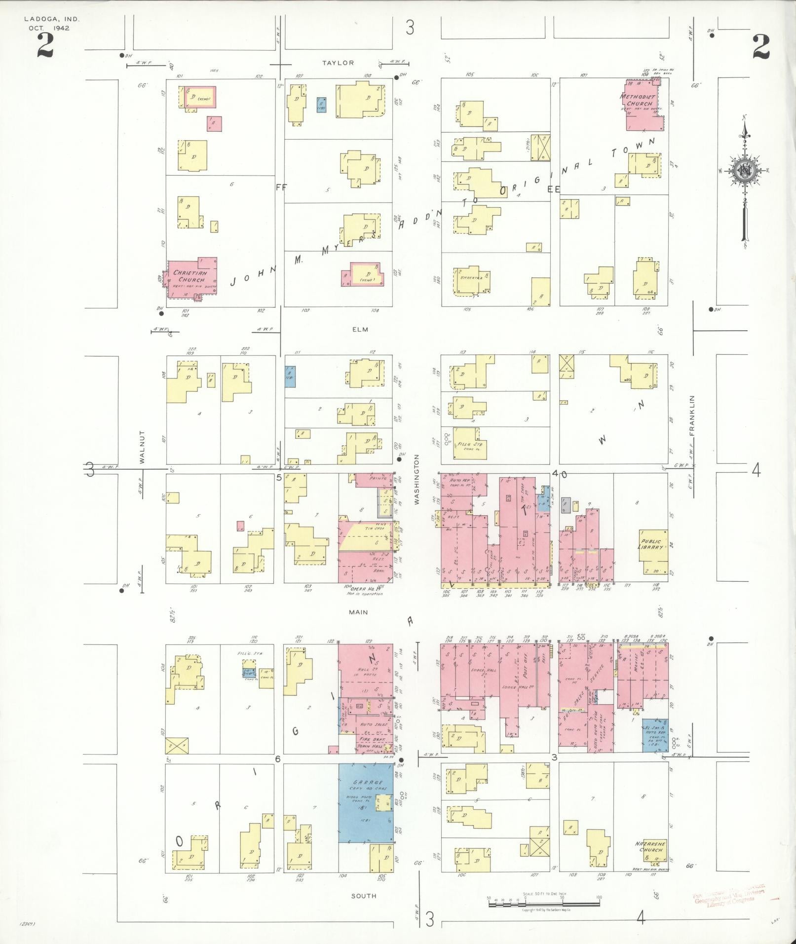 Sanborn Fire Insurance Map from Ladoga, Montgomery County, Indiana (1942), Sheet #0002 - Complete Map Set gallery image, historic Sanborn map, vintage wall art, Indiana Indiana
