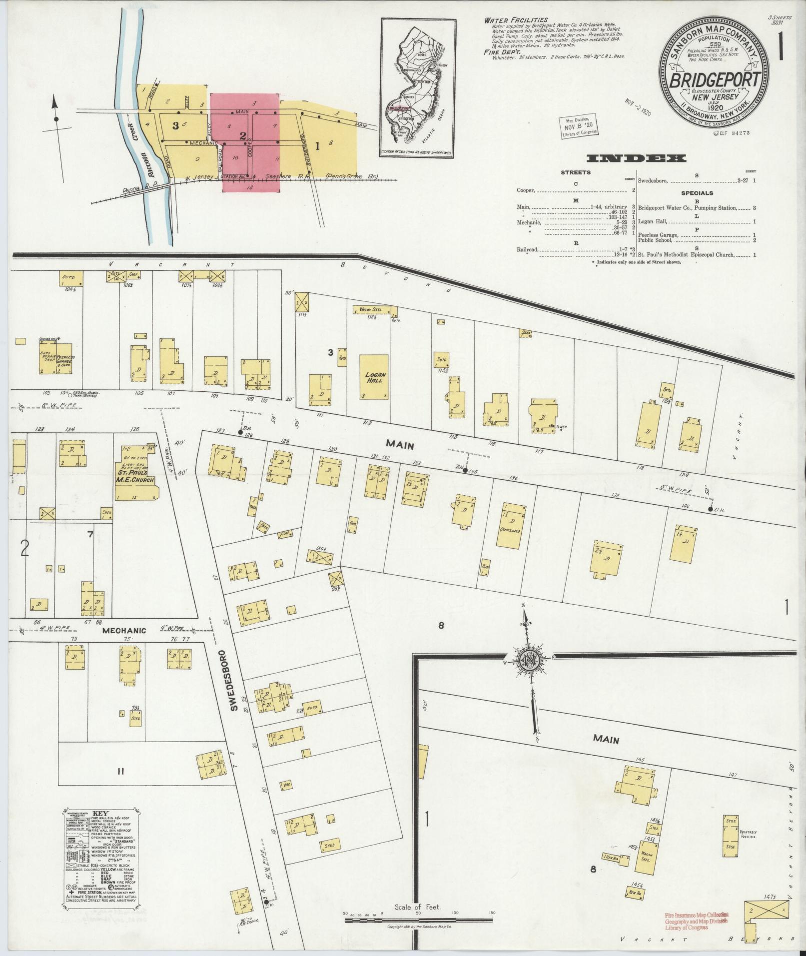 Sanborn Fire Insurance Map from Bridgeport, Gloucester County, New Jersey (1920), Sheet #0001 - Complete Map Set gallery image, historic Sanborn map, vintage wall art, New Jersey New Jersey