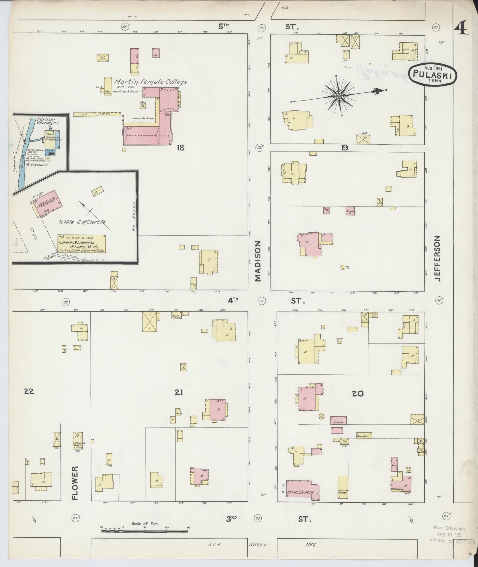 Sanborn Fire Insurance Map from Pulaski, Giles County, Tennessee (1891), Sheet #0004 - Complete Map Set gallery image, historic Sanborn map, vintage wall art, Tennessee Tennessee
