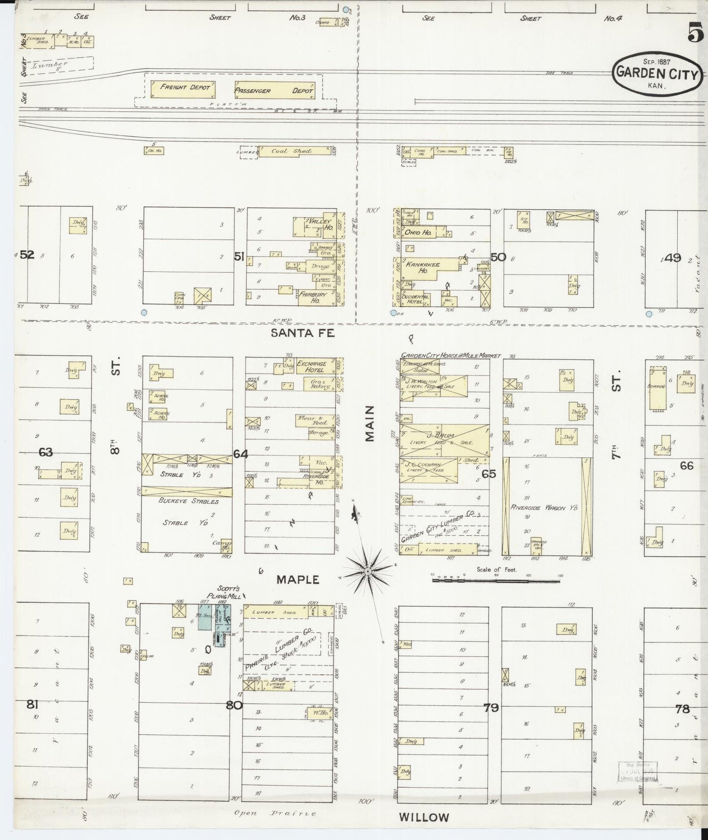Sanborn Fire Insurance Map from Garden City, Finney County, Kansas (1887), Sheet #0005 - Historic Sanborn Fire Insurance Map Print, vintage old map wall art, antique decor, genealogy gift, Kansas Kansas map