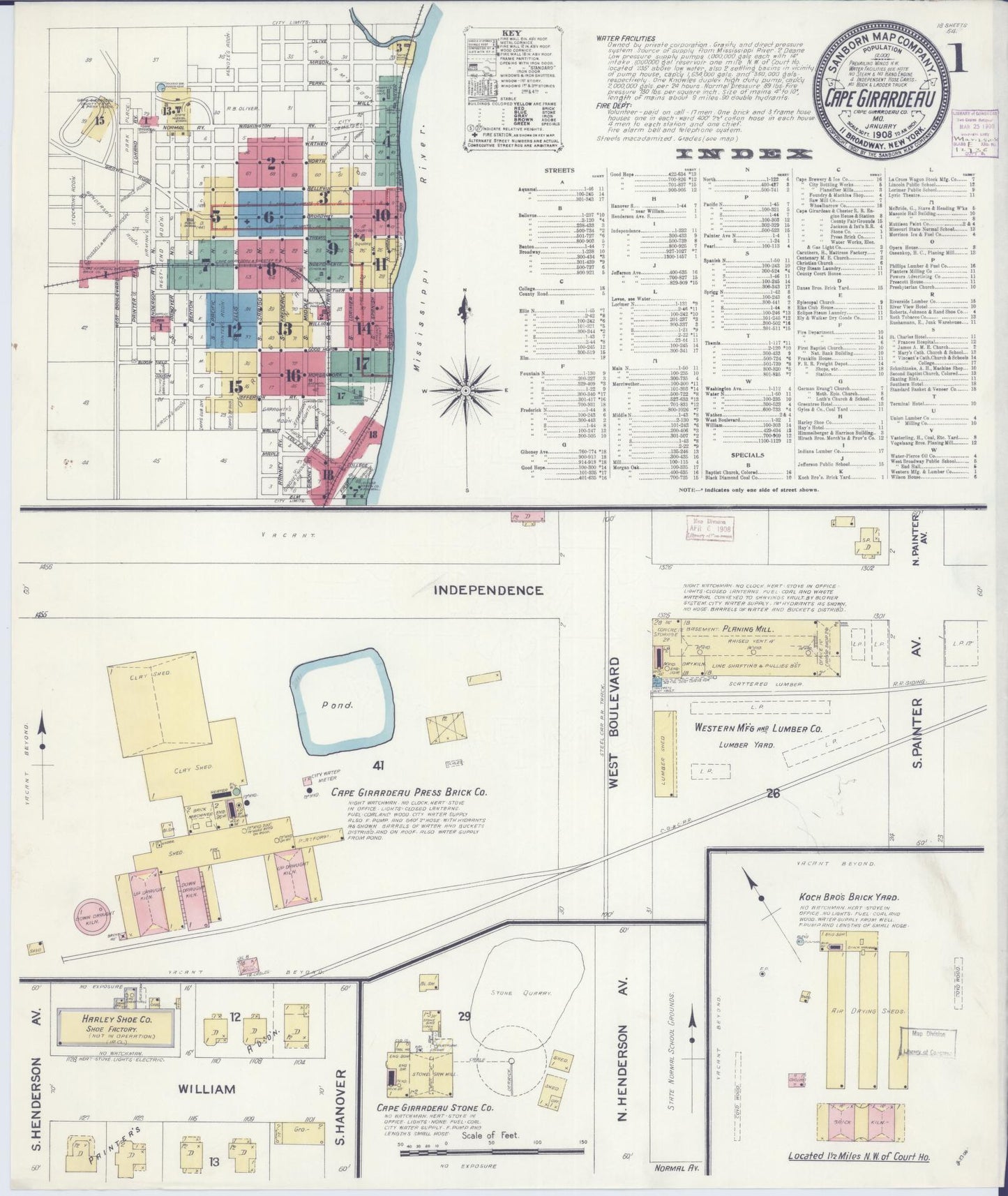 Sanborn Fire Insurance Map from Cape Girardeau, Cape Girardeau County, Missouri (1908), Sheet #0001 - Complete Map Set gallery image, historic Sanborn map, vintage wall art, Missouri Missouri