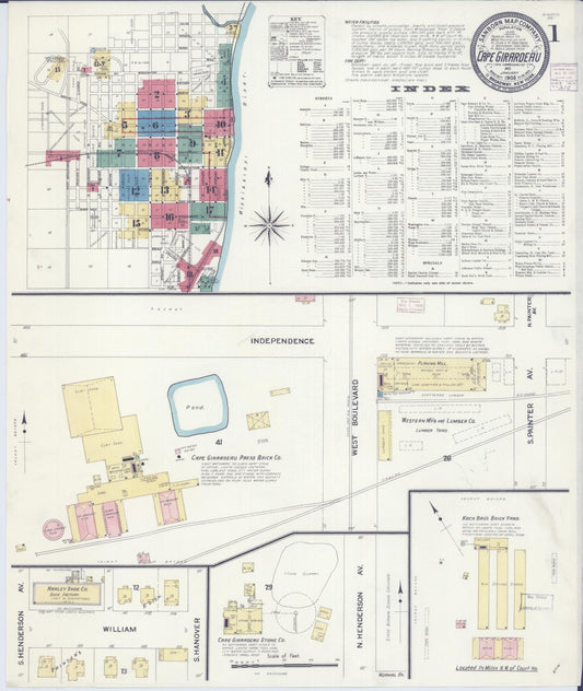 Sanborn Fire Insurance Map from Cape Girardeau, Cape Girardeau County, Missouri (1908), Sheet #0001 - Complete Map Set gallery image, historic Sanborn map, vintage wall art, Missouri Missouri
