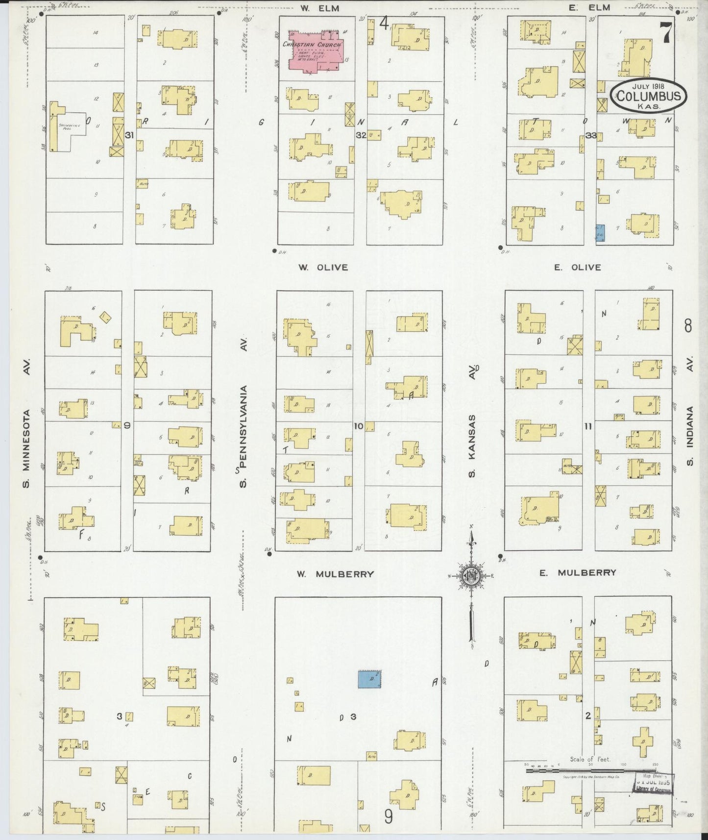 Sanborn Fire Insurance Map from Columbus, Cherokee County, Kansas (1918), Sheet #0007 - Historic Sanborn Fire Insurance Map Print, vintage old map wall art, antique decor, genealogy gift, Kansas Kansas map