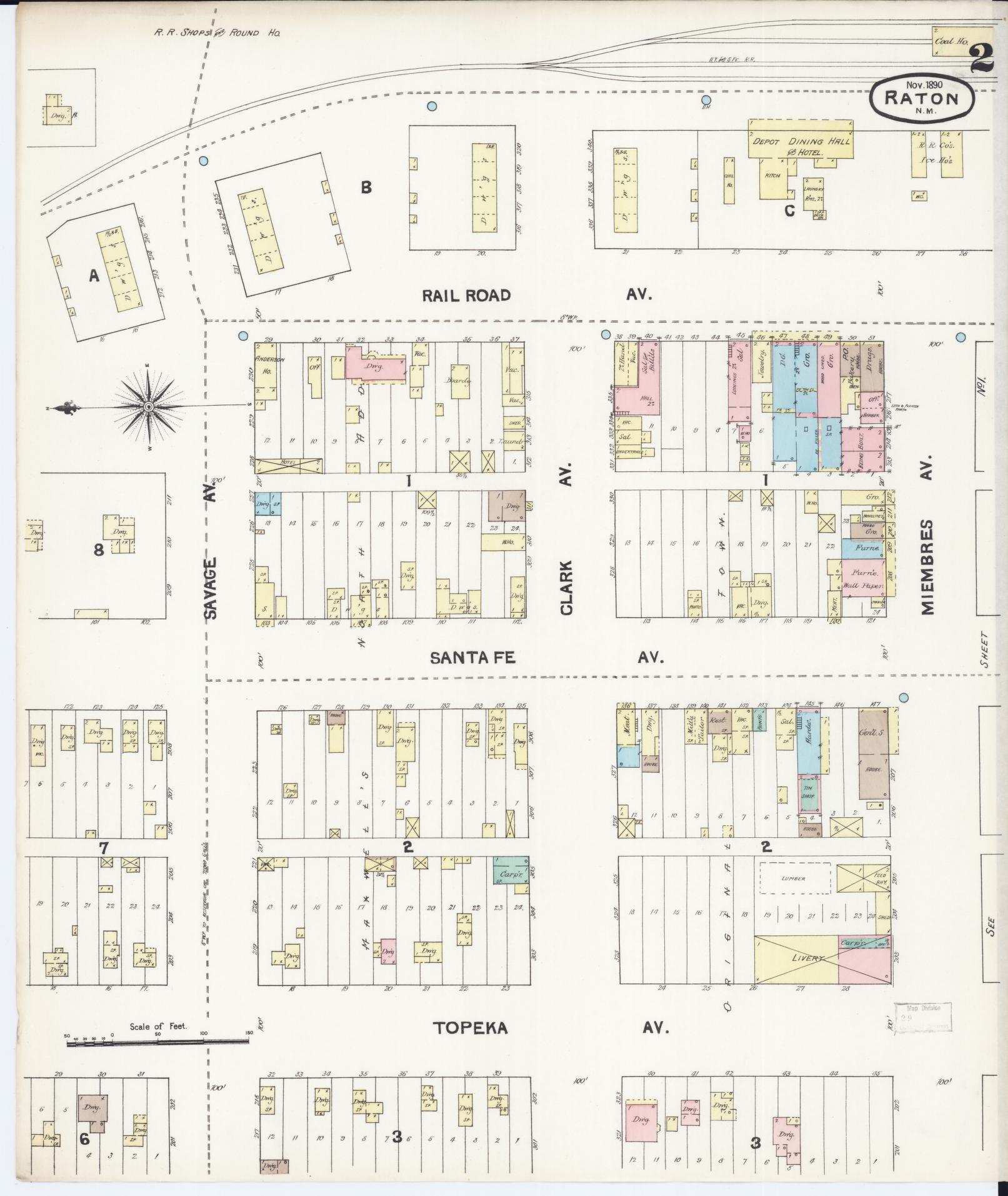 Sanborn Fire Insurance Map from Raton, Colfax County, New Mexico (1890), Sheet #0002 - Complete Map Set gallery image, historic Sanborn map, vintage wall art, New Mexico New Mexico