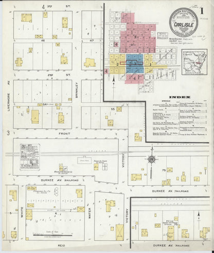 Sanborn Fire Insurance Map from Carlisle, Lonoke County, Arkansas (1918), Sheet #0001 - Complete Map Set gallery image, historic Sanborn map, vintage wall art, Arkansas Arkansas