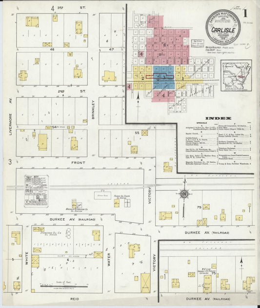 Sanborn Fire Insurance Map from Carlisle, Lonoke County, Arkansas (1918), Sheet #0001 - Complete Map Set gallery image, historic Sanborn map, vintage wall art, Arkansas Arkansas