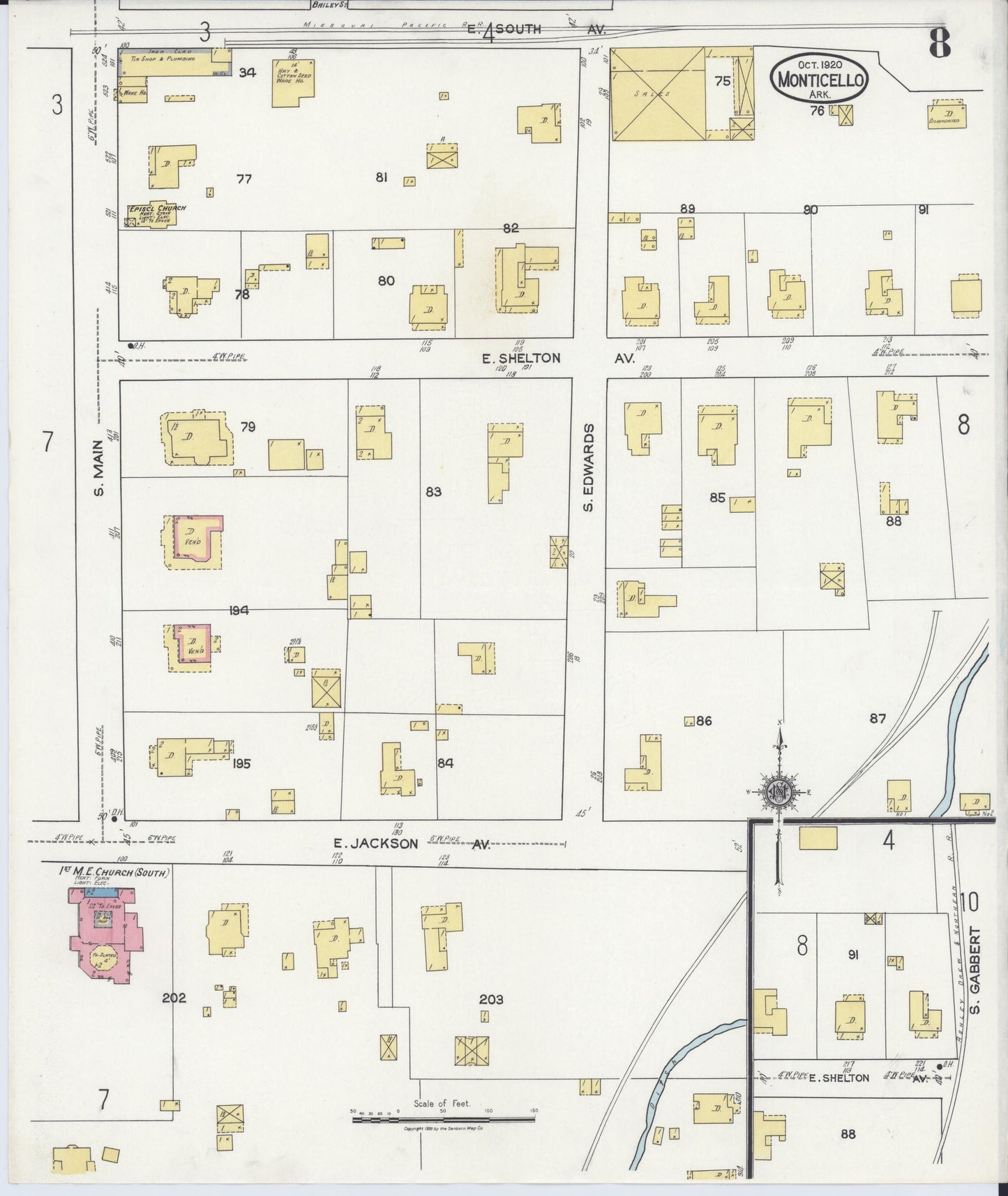 Sanborn Fire Insurance Map from Monticello, Drew County, Arkansas (1920), Sheet #0008 - Historic Sanborn Fire Insurance Map Print, vintage old map wall art, antique decor, genealogy gift, Arkansas Arkansas map