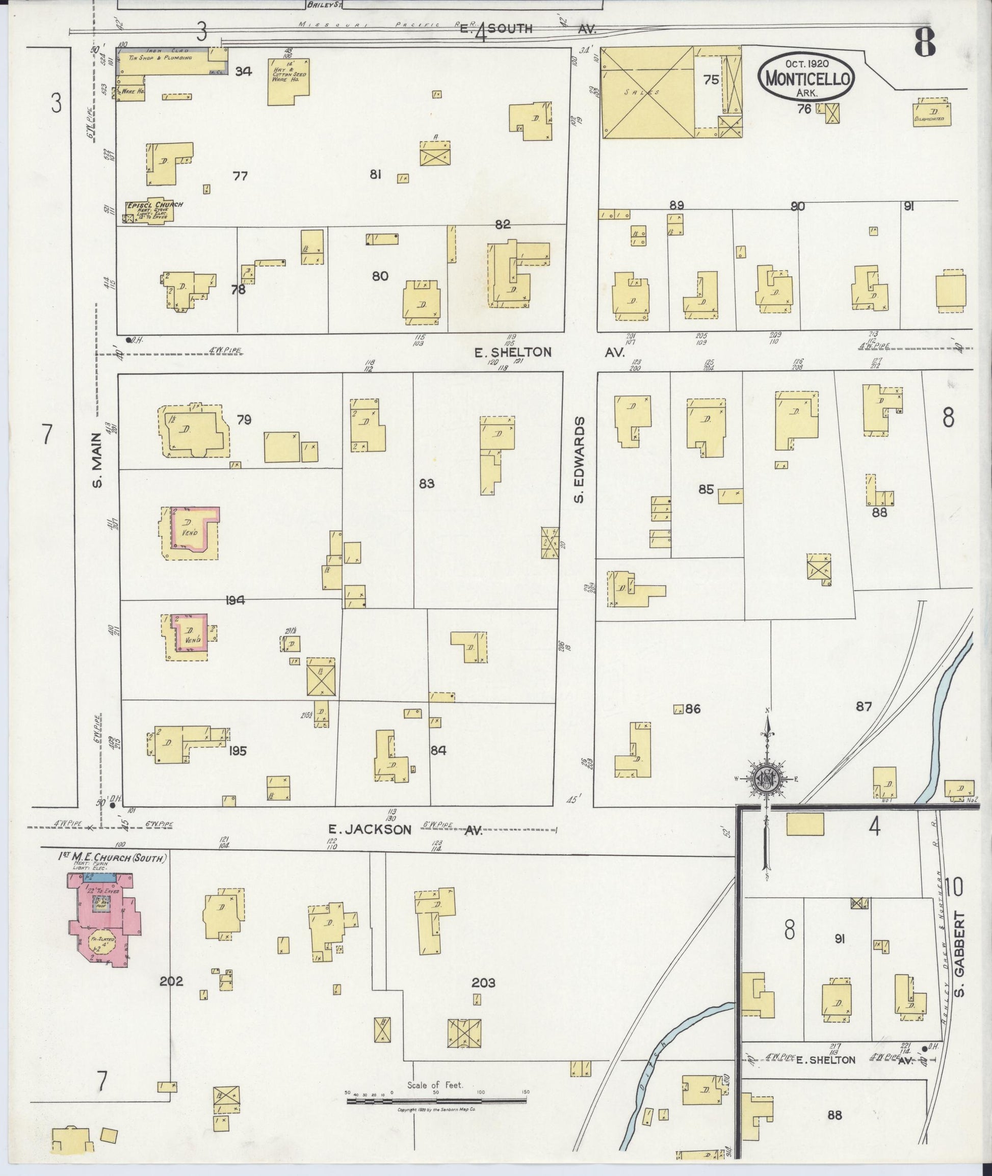 Sanborn Fire Insurance Map from Monticello, Drew County, Arkansas (1920), Sheet #0008 - Historic Sanborn Fire Insurance Map Print, vintage old map wall art, antique decor, genealogy gift, Arkansas Arkansas map