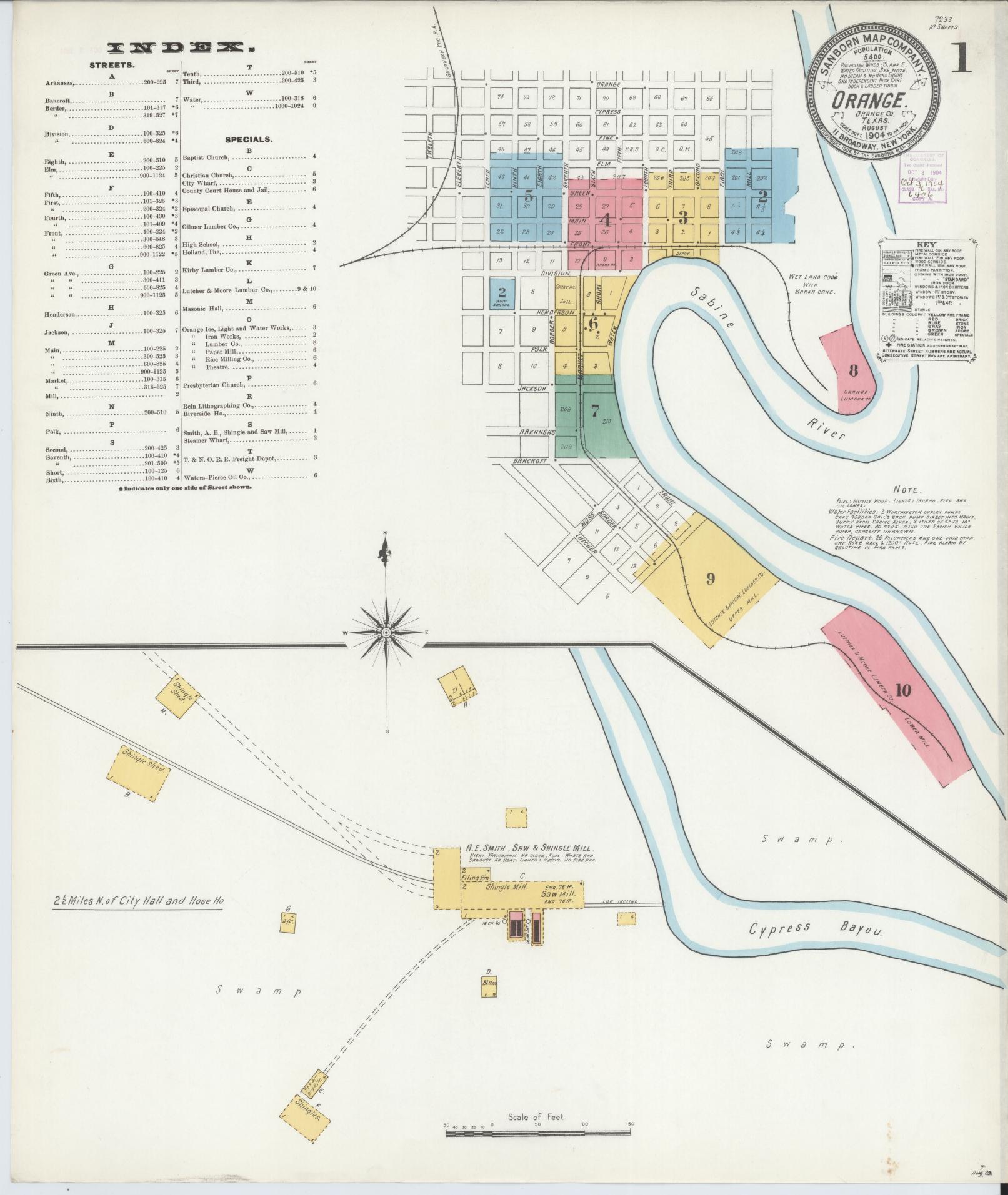 Sanborn Fire Insurance Map from Orange, Orange County, Texas (1904), Sheet #0001 - Historic Sanborn Fire Insurance Map Print, vintage old map wall art, antique decor, genealogy gift, Texas Texas map