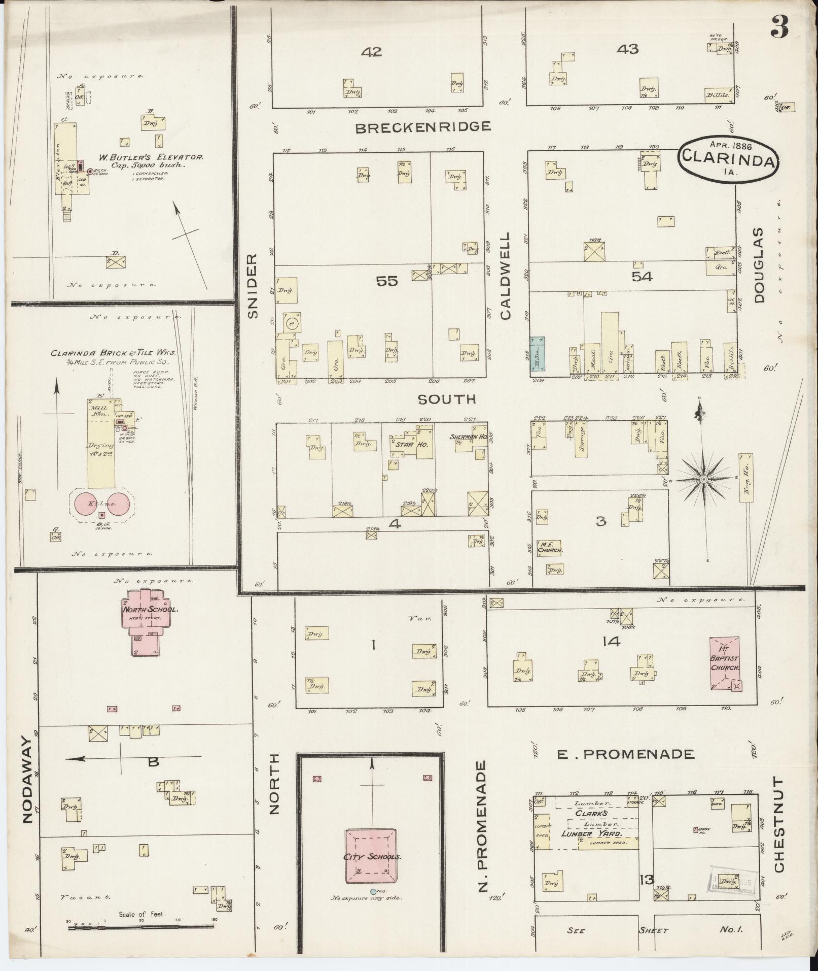 Sanborn Fire Insurance Map from Clarinda, Page County, Iowa (1886), Sheet #0003 - Historic Sanborn Fire Insurance Map Print, vintage old map wall art