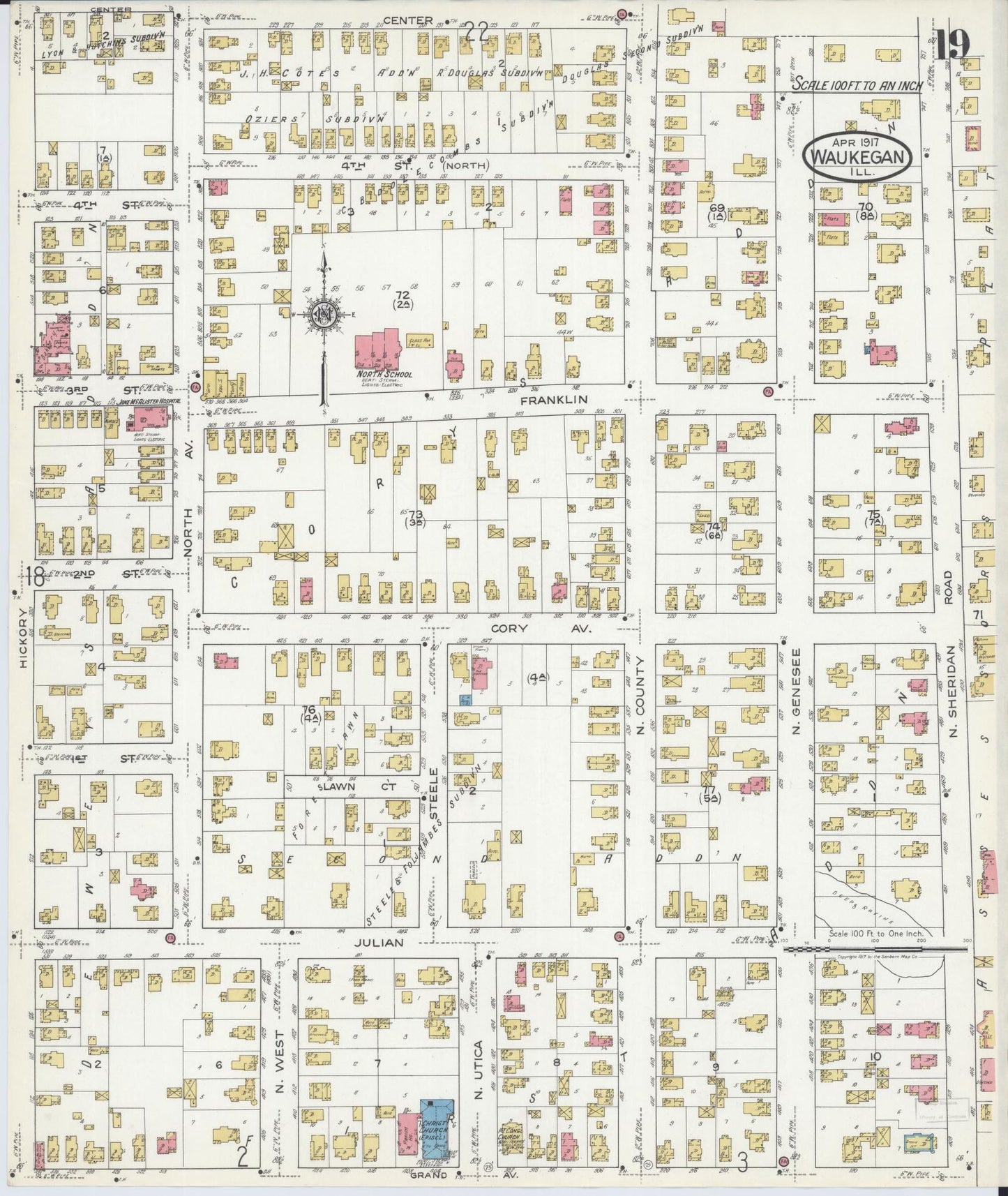 Sanborn Fire Insurance Map from Waukegan, Lake County, Illinois (1917), Sheet #0019 - Complete Map Set gallery image, historic Sanborn map, vintage wall art, Illinois Illinois