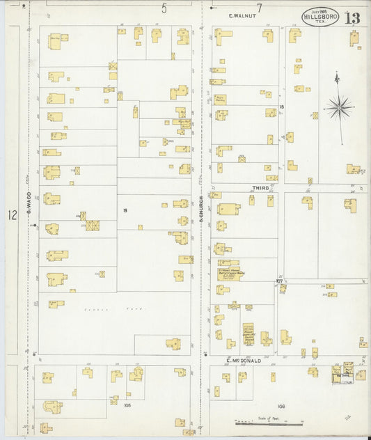 Sanborn Fire Insurance Map from Hillsboro, Hill County, Texas (1905), Sheet #0013 - Historic Sanborn Fire Insurance Map Print, vintage old map wall art, antique decor, genealogy gift, Texas Texas map