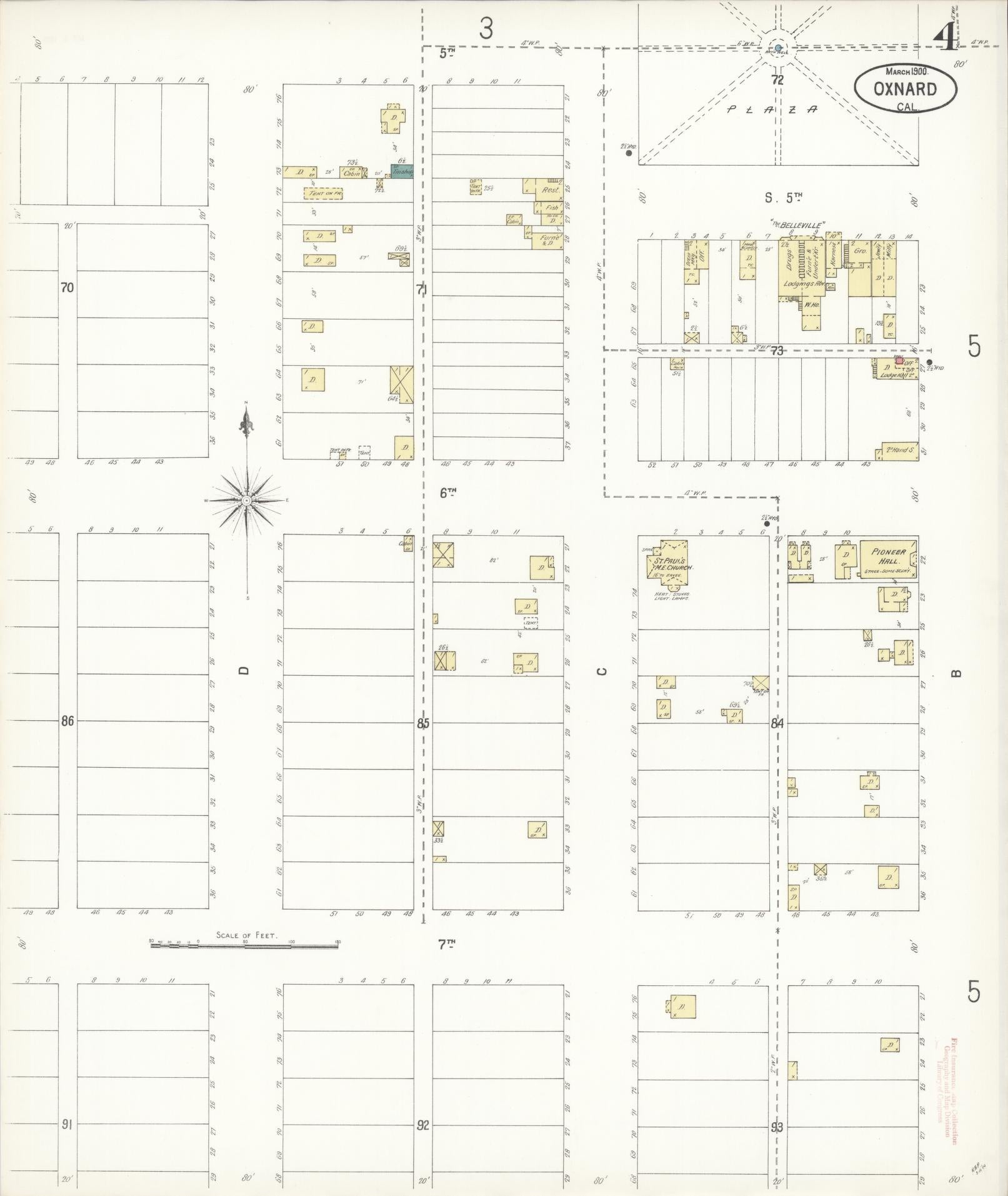 Sanborn Fire Insurance Map from Oxnard, Ventura County, California (1900), Sheet #0004 - Complete Map Set gallery image, historic Sanborn map, vintage wall art, California California