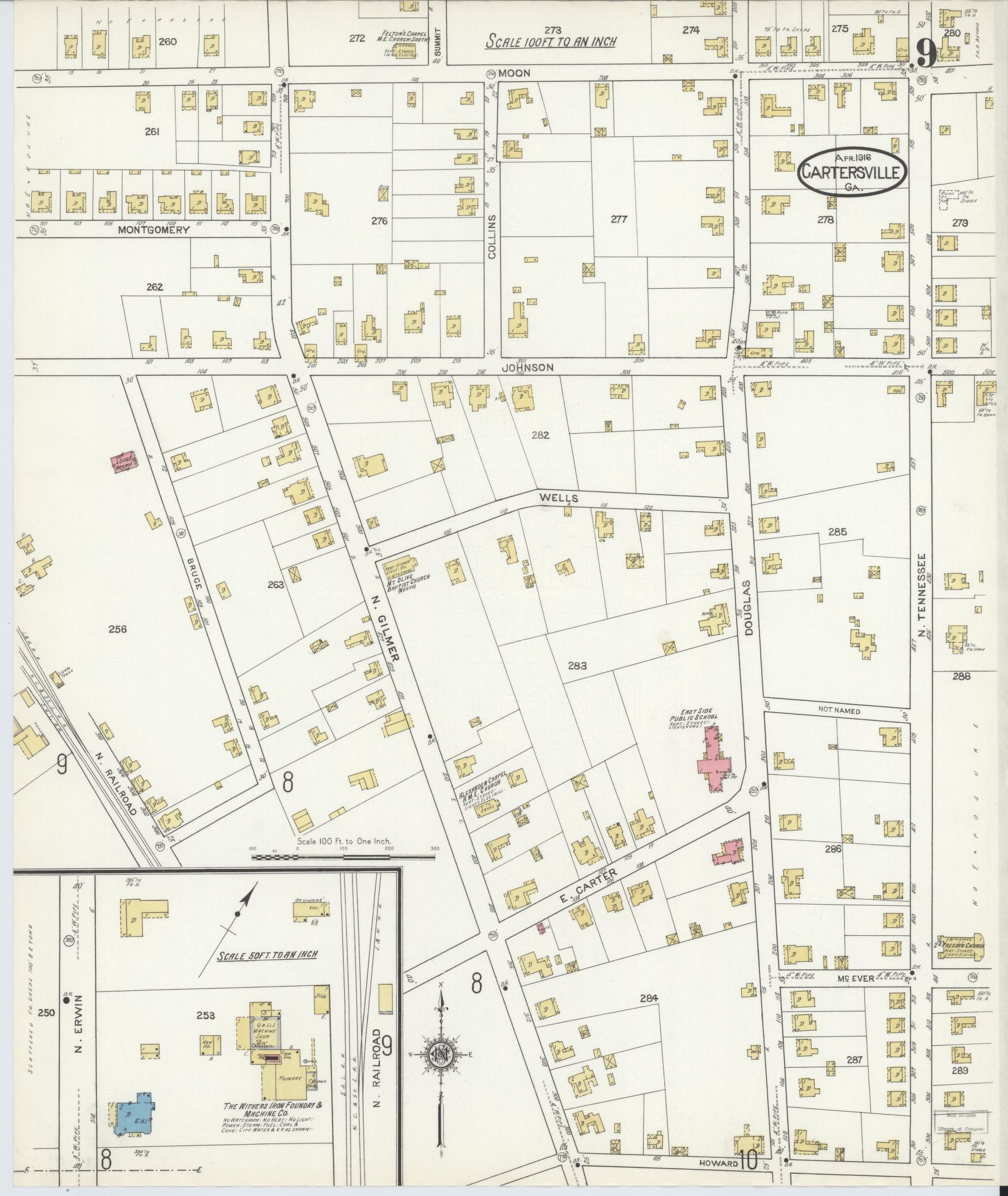 Sanborn Fire Insurance Map from Cartersville, Bartow County, Georgia (1916), Sheet #0009 - Complete Map Set gallery image, historic Sanborn map, vintage wall art, Georgia Georgia