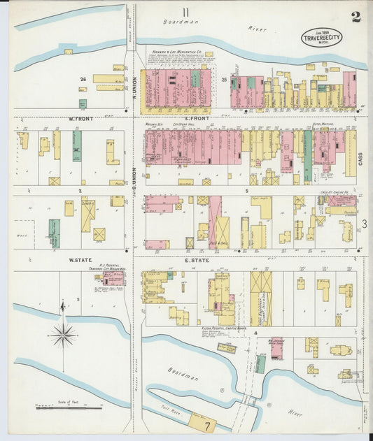 Sanborn Fire Insurance Map from Traverse City, Grand Traverse County, Michigan (1899), Sheet #0002 - Historic Sanborn Fire Insurance Map Print, vintage old map wall art, antique decor, genealogy gift, Michigan Michigan map