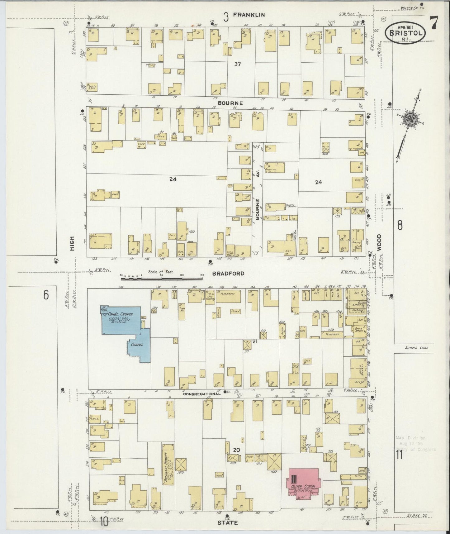 Sanborn Fire Insurance Map from Bristol, Bristol County, Rhode Island (1911), Sheet #0007 - Historic Sanborn Fire Insurance Map Print, vintage old map wall art, antique decor, genealogy gift, Rhode Island Rhode Island map
