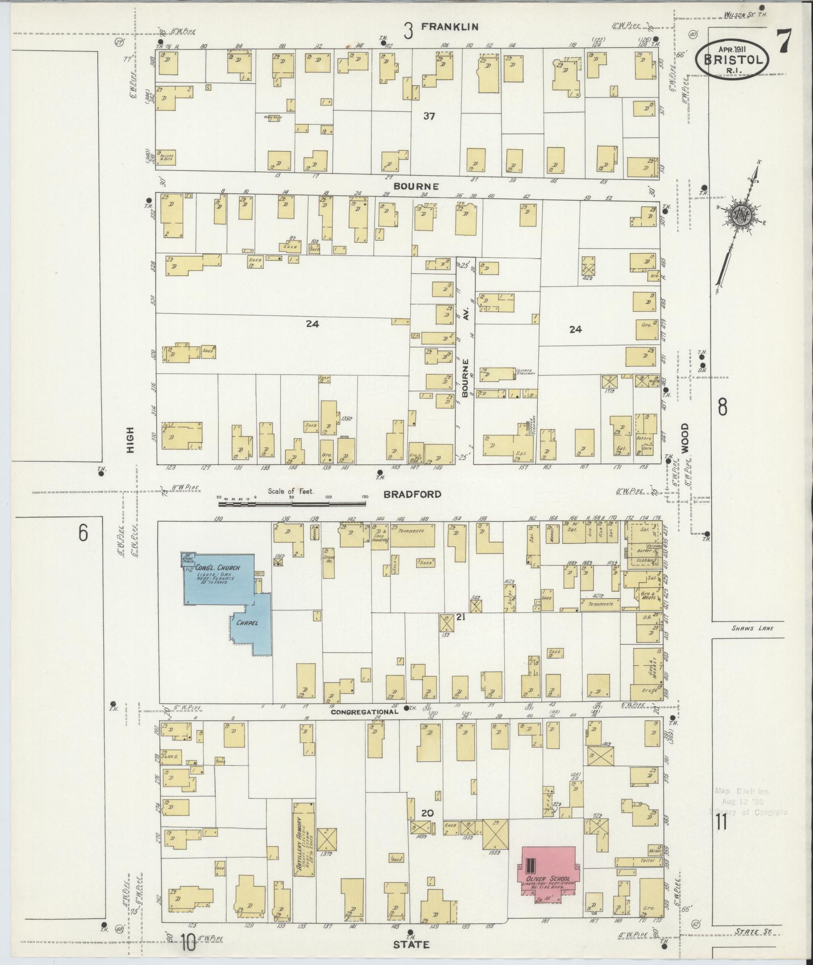 Sanborn Fire Insurance Map from Bristol, Bristol County, Rhode Island (1911), Sheet #0007 - Historic Sanborn Fire Insurance Map Print, vintage old map wall art, antique decor, genealogy gift, Rhode Island Rhode Island map