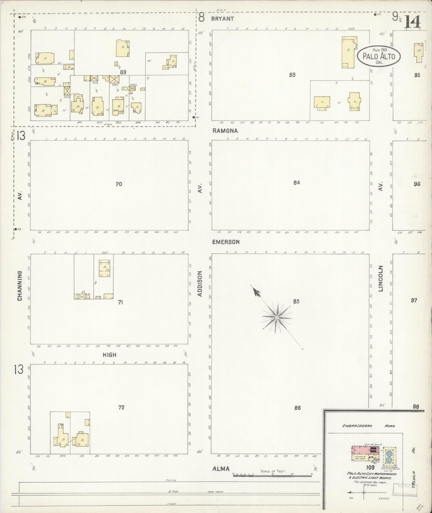 Sanborn Fire Insurance Map from Palo Alto, Santa Clara County, California (1901), Sheet #0014 - Complete Map Set gallery image, historic Sanborn map, vintage wall art, California California