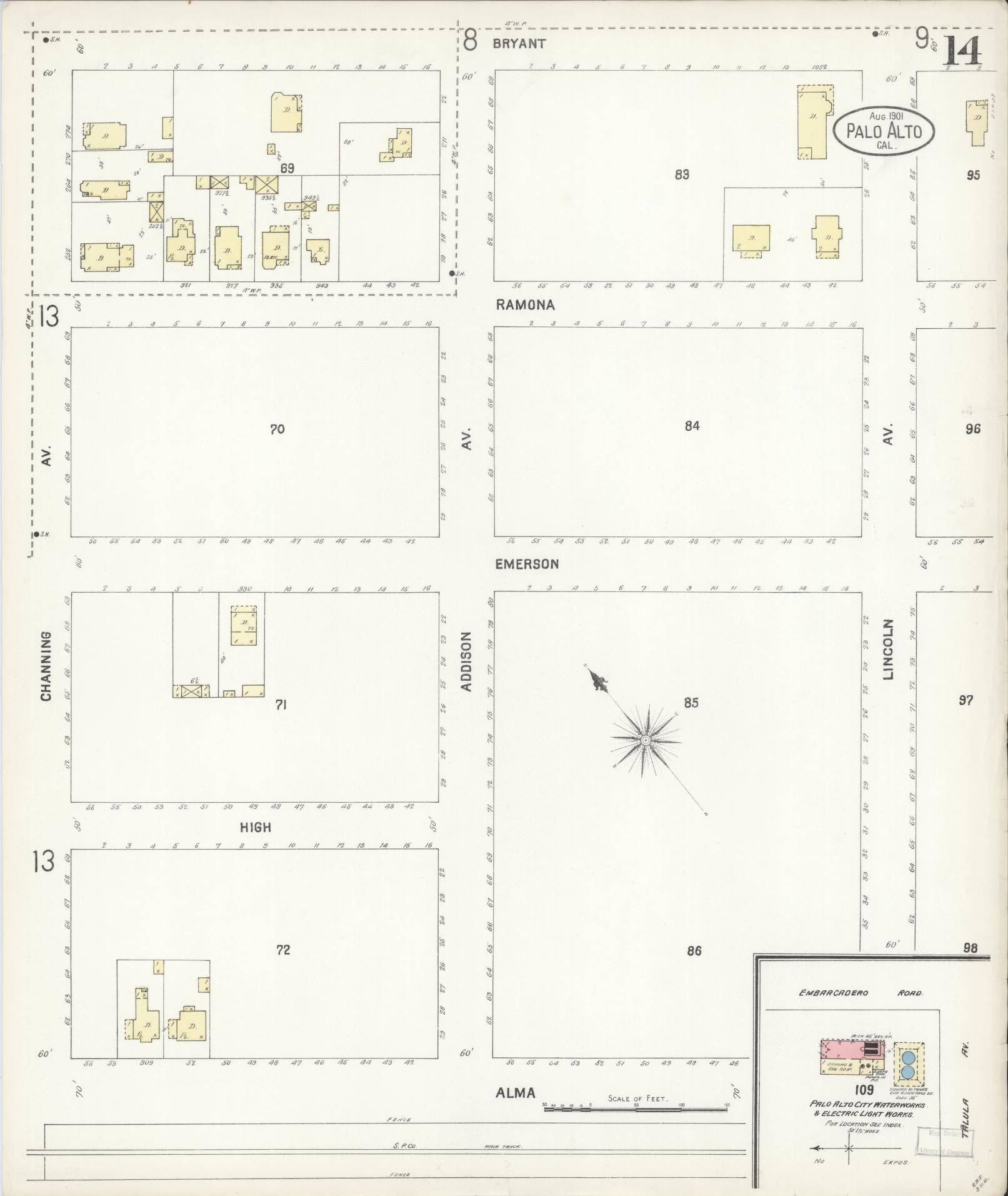 Sanborn Fire Insurance Map from Palo Alto, Santa Clara County, California (1901), Sheet #0014 - Complete Map Set gallery image, historic Sanborn map, vintage wall art, California California