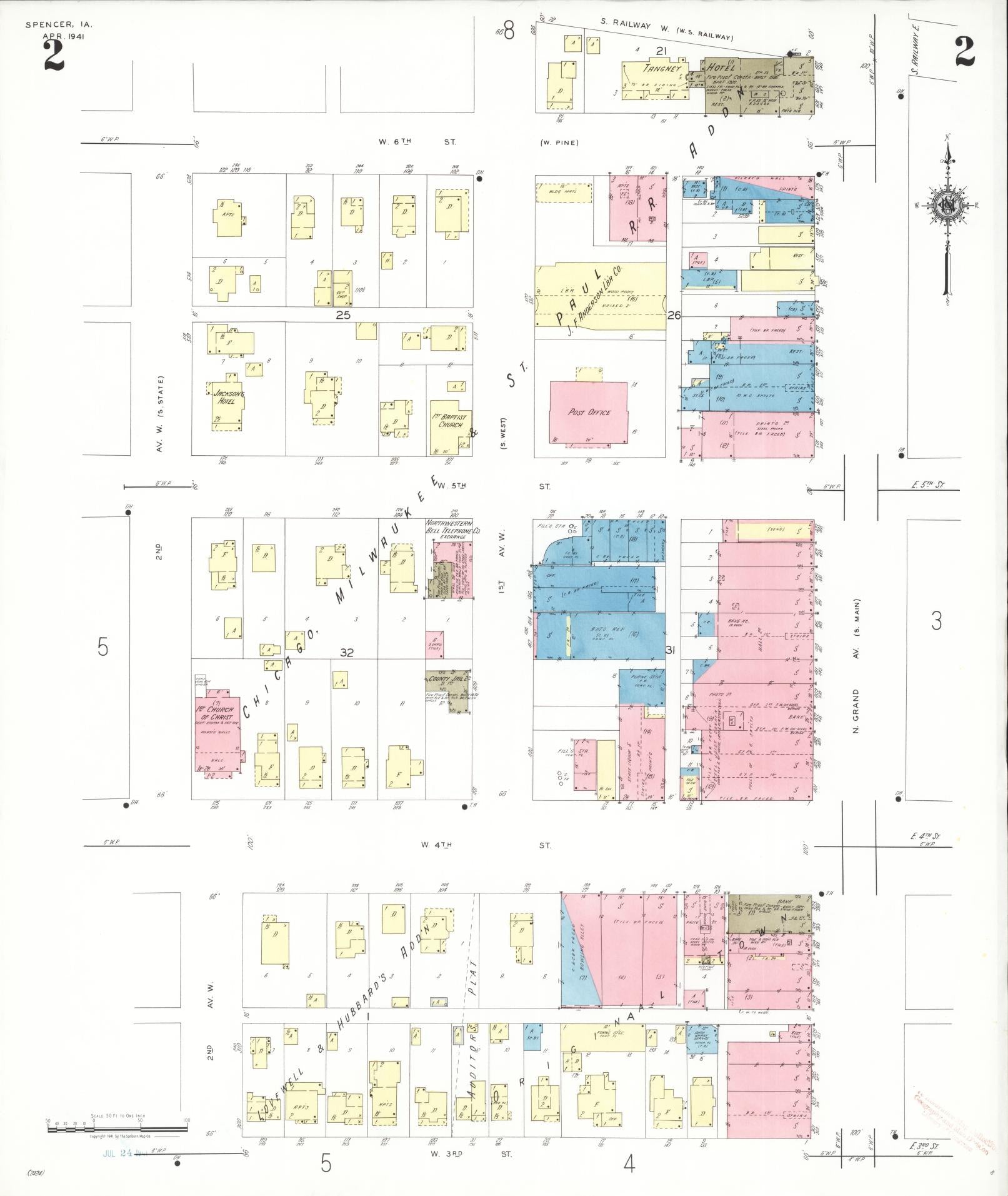 Sanborn Fire Insurance Map from Spencer, Clay County, Iowa (1941), Sheet #0002 - Historic Sanborn Fire Insurance Map Print, vintage old map wall art