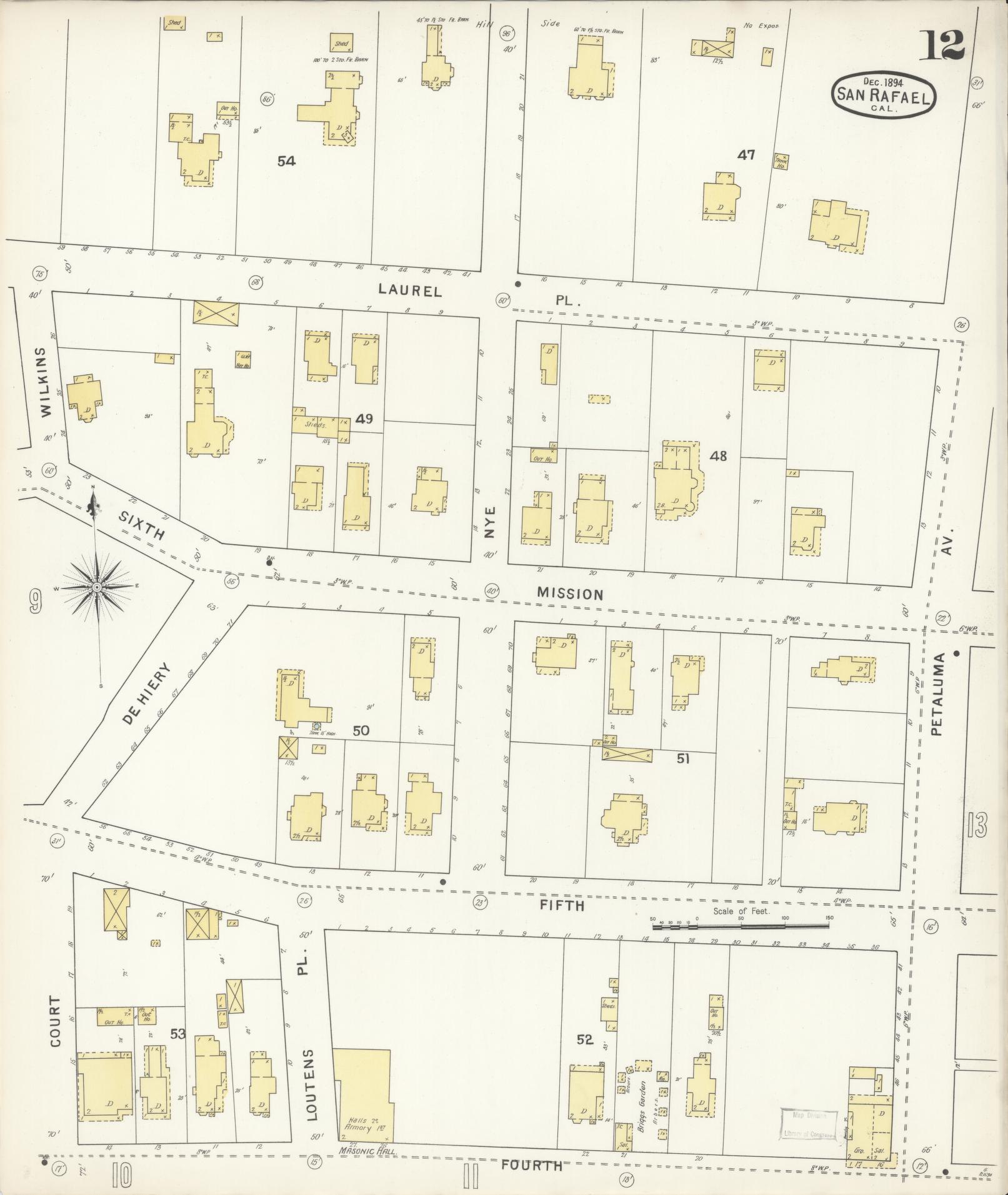 Sanborn Fire Insurance Map from San Rafael, Marin County, California (1894), Sheet #0012 - Complete Map Set gallery image, historic Sanborn map, vintage wall art, California California
