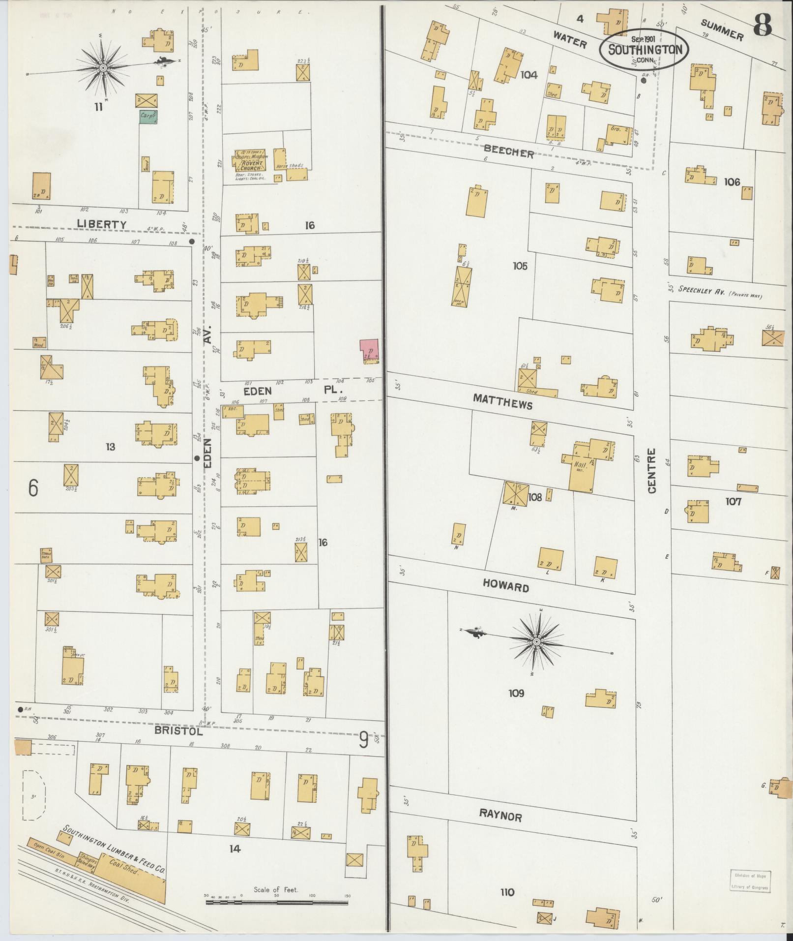 Sanborn Fire Insurance Map from Southington, Hartford County, Connecticut (1901), Sheet #0008 - Historic Sanborn Fire Insurance Map Print, vintage old map wall art, antique decor, genealogy gift, Connecticut Connecticut map