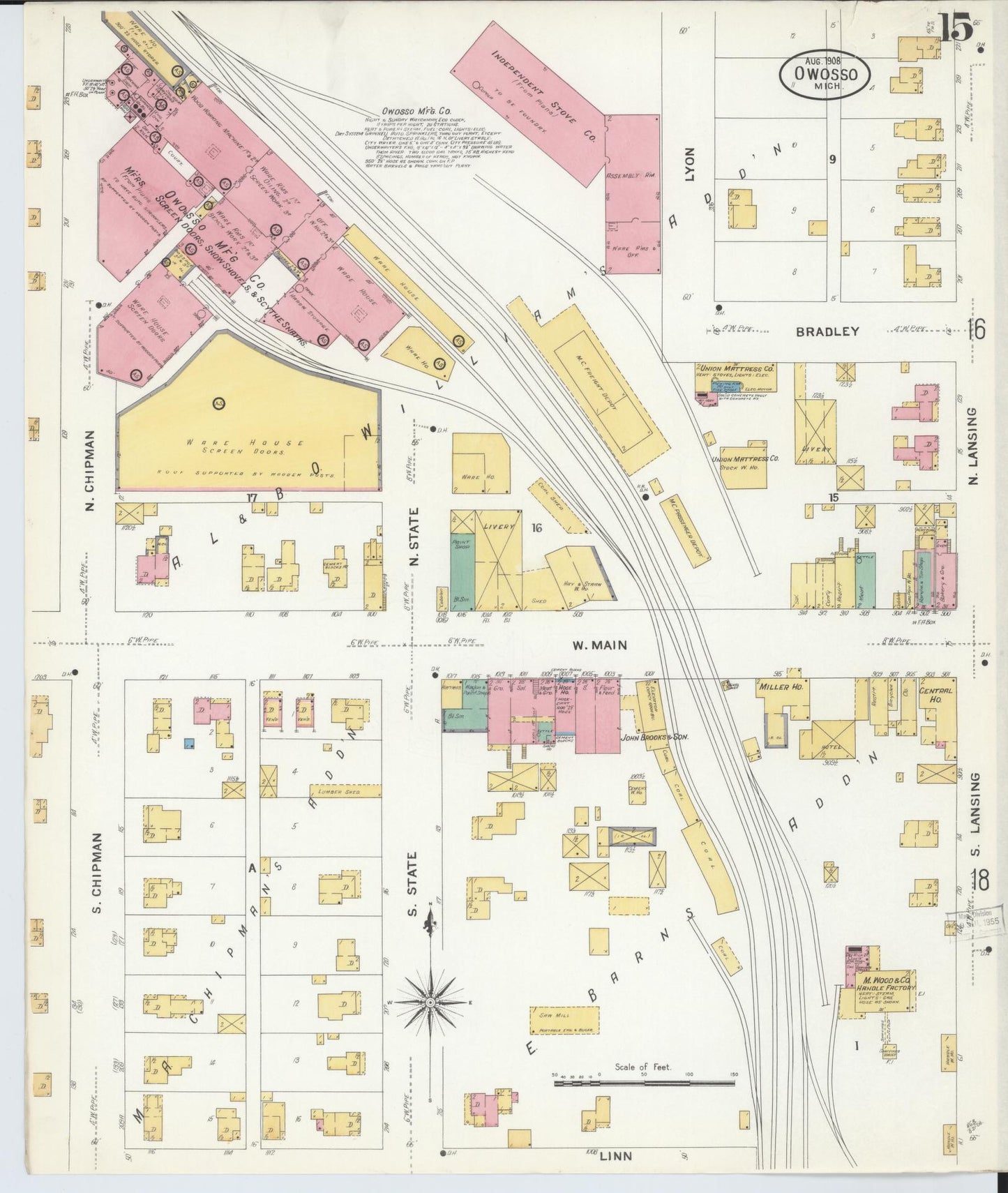 Sanborn Fire Insurance Map from Owosso, Shiawassee County, Michigan (1908), Sheet #0015 - Complete Map Set gallery image, historic Sanborn map, vintage wall art, Michigan Michigan