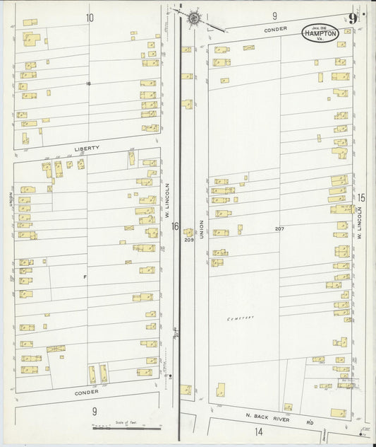 Sanborn Fire Insurance Map from Hampton, Independent Cities, Virginia (1916), Sheet #0009 - Historic Sanborn Fire Insurance Map Print, vintage old map wall art, antique decor, genealogy gift, Virginia Virginia map