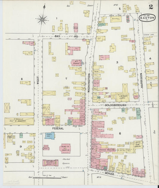 Sanborn Fire Insurance Map from Easton, Talbot County, Maryland (1891), Sheet #0002 - Historic Sanborn Fire Insurance Map Print, vintage old map wall art, antique decor, genealogy gift, Maryland Maryland map