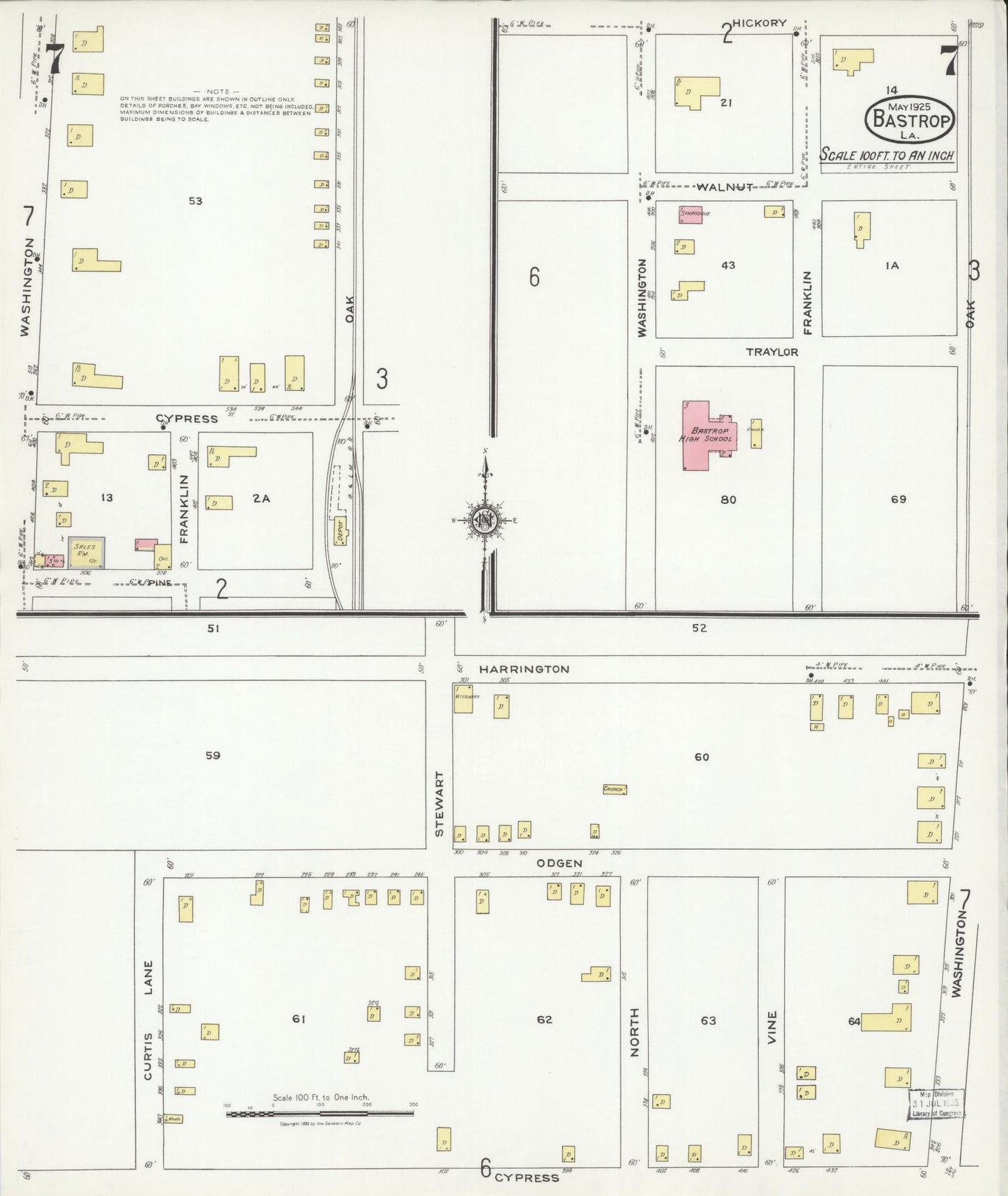 Sanborn Fire Insurance Map from Bastrop, Morehouse Parish, Louisiana (1925), Sheet #0007 - Historic Sanborn Fire Insurance Map Print, vintage old map wall art, antique decor, genealogy gift, Louisiana Louisiana map
