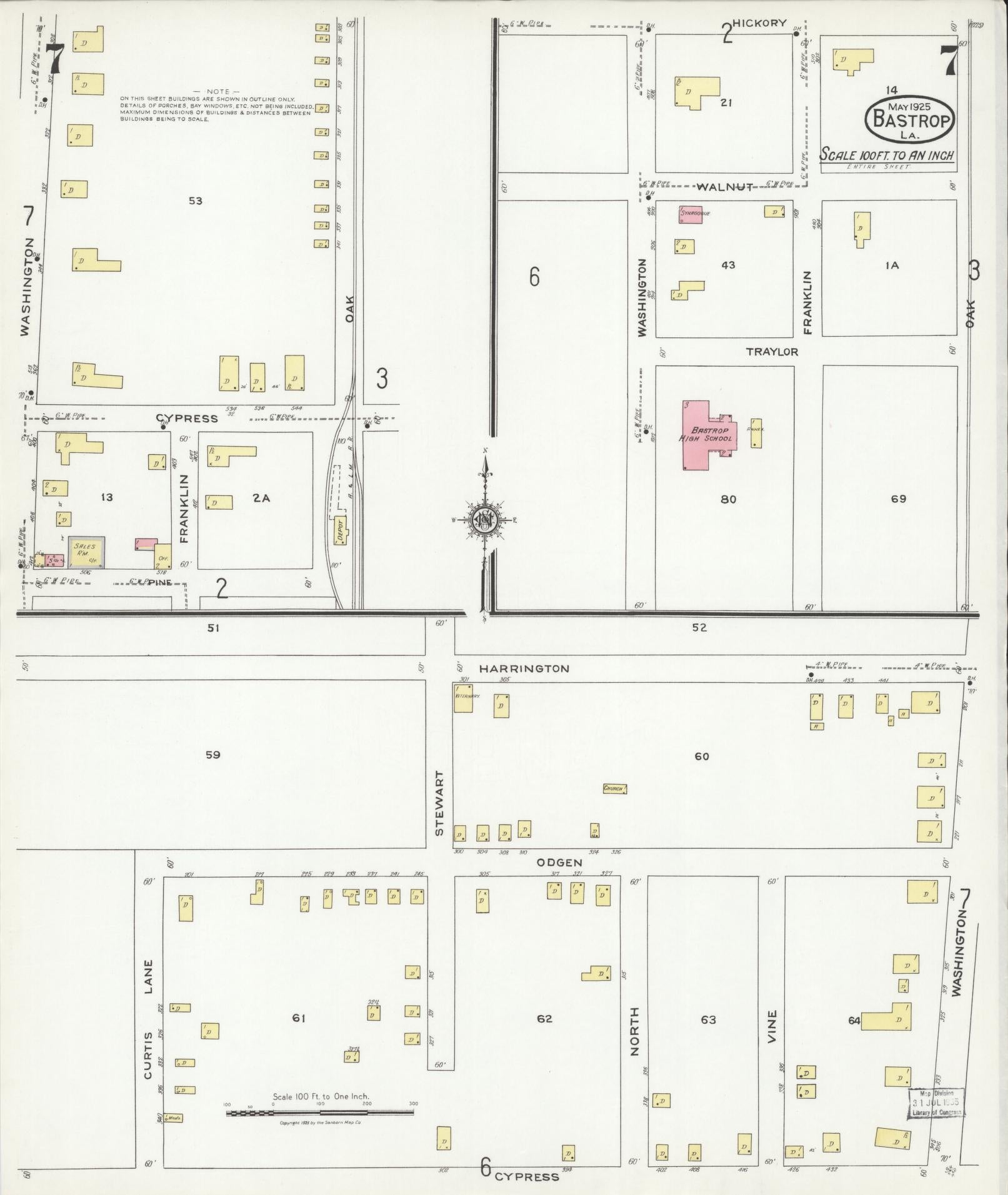 Sanborn Fire Insurance Map from Bastrop, Morehouse Parish, Louisiana (1925), Sheet #0007 - Historic Sanborn Fire Insurance Map Print, vintage old map wall art, antique decor, genealogy gift, Louisiana Louisiana map