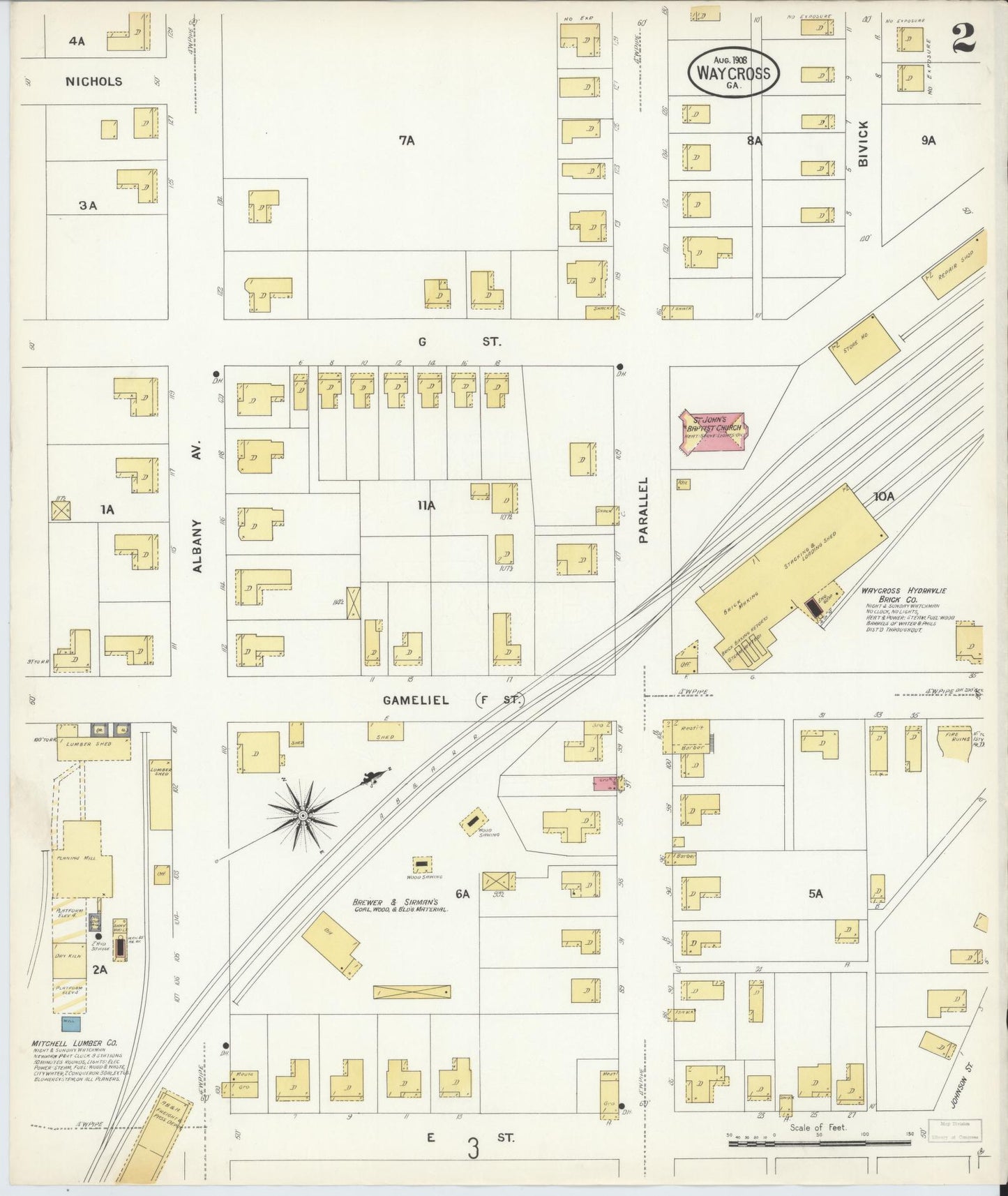 Sanborn Fire Insurance Map from Waycross, Ware County, Georgia (1908), Sheet #0002 - Historic Sanborn Fire Insurance Map Print, vintage old map wall art, antique decor, genealogy gift, Georgia Georgia map