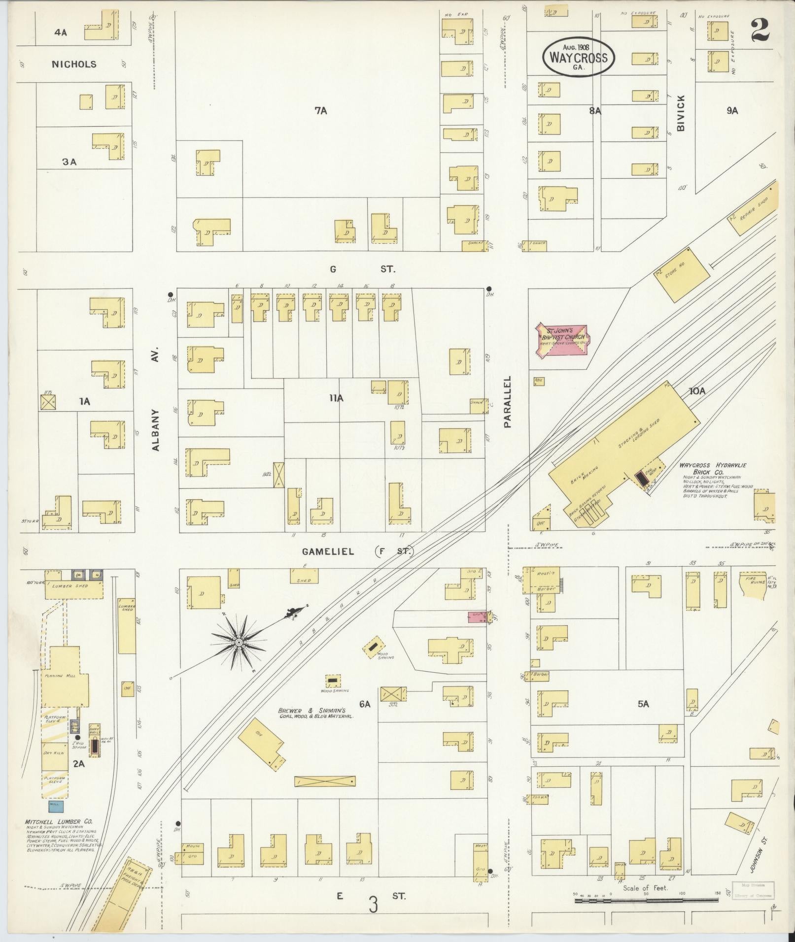 Sanborn Fire Insurance Map from Waycross, Ware County, Georgia (1908), Sheet #0002 - Historic Sanborn Fire Insurance Map Print, vintage old map wall art, antique decor, genealogy gift, Georgia Georgia map