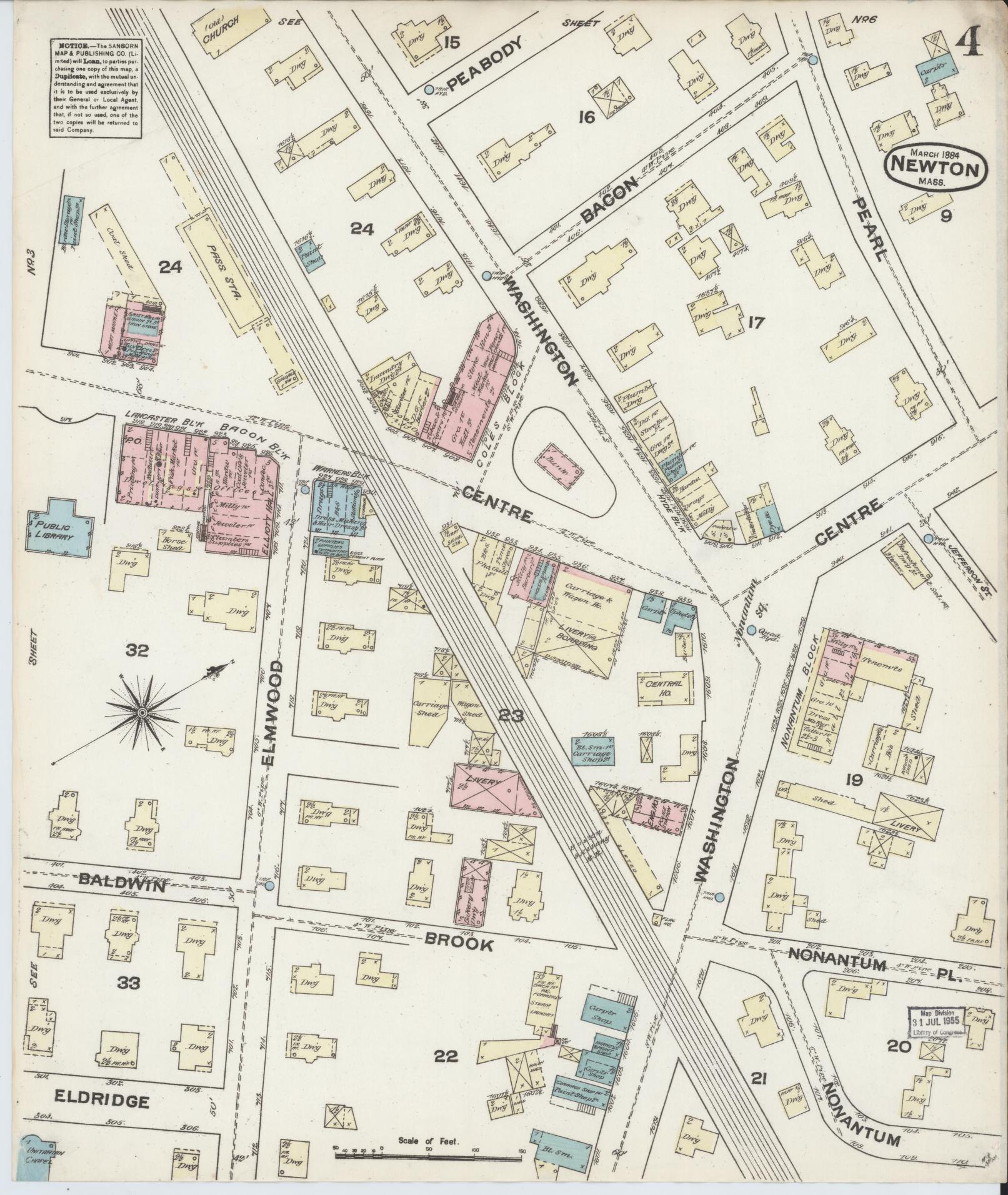 Sanborn Fire Insurance Map from Newton, Middlesex County, Massachusetts (1884), Sheet #0004 - Complete Map Set gallery image, historic Sanborn map, vintage wall art, Massachusetts Massachusetts
