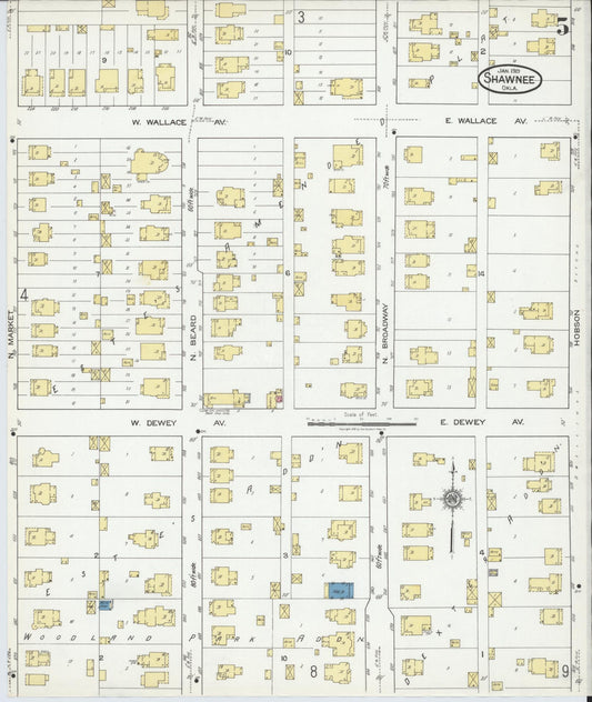 Sanborn Fire Insurance Map from Shawnee, Pottawatomie County, Oklahoma (1919), Sheet #0005 - Historic Sanborn Fire Insurance Map Print, vintage old map wall art, antique decor, genealogy gift, Oklahoma Oklahoma map