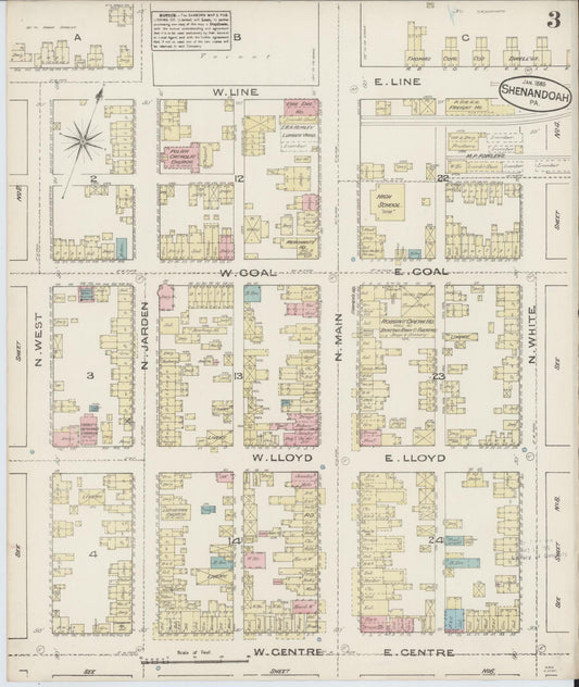 Sanborn Fire Insurance Map from Shenandoah, Schuylkill County, Pennsylvania (1885), Sheet #0003 - Historic Sanborn Fire Insurance Map Print, vintage old map wall art, antique decor, genealogy gift, Pennsylvania Pennsylvania map