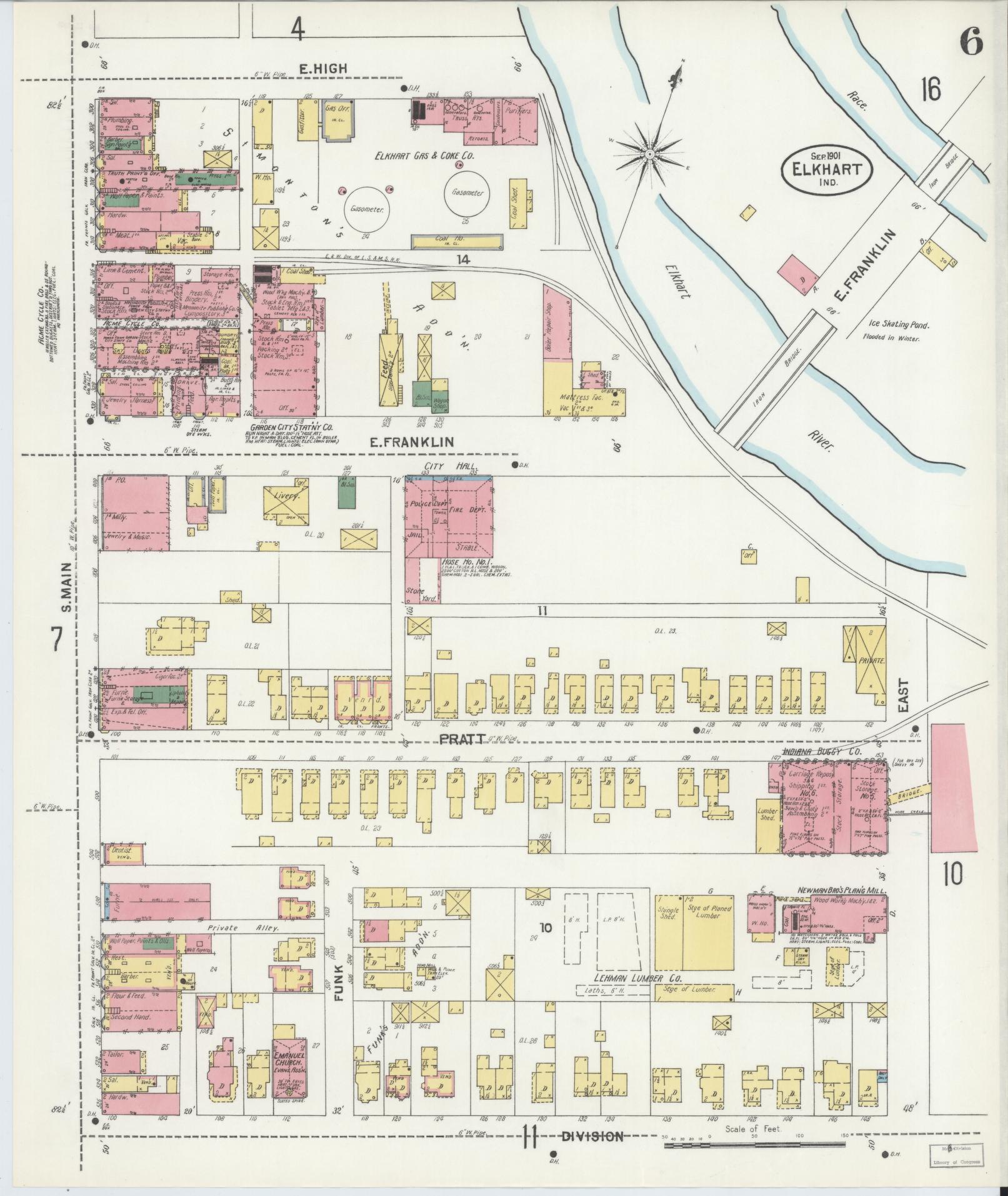 Sanborn Fire Insurance Map from Elkhart, Elkhart County, Indiana (1901), Sheet #0006 - Historic Sanborn Fire Insurance Map Print, vintage old map wall art, antique decor, genealogy gift, Indiana Indiana map