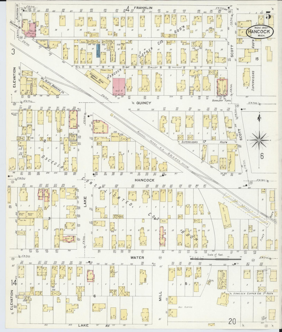 Sanborn Fire Insurance Map from Hancock, Houghton County, Michigan (1907), Sheet #0005 - Complete Map Set gallery image, historic Sanborn map, vintage wall art, Michigan Michigan