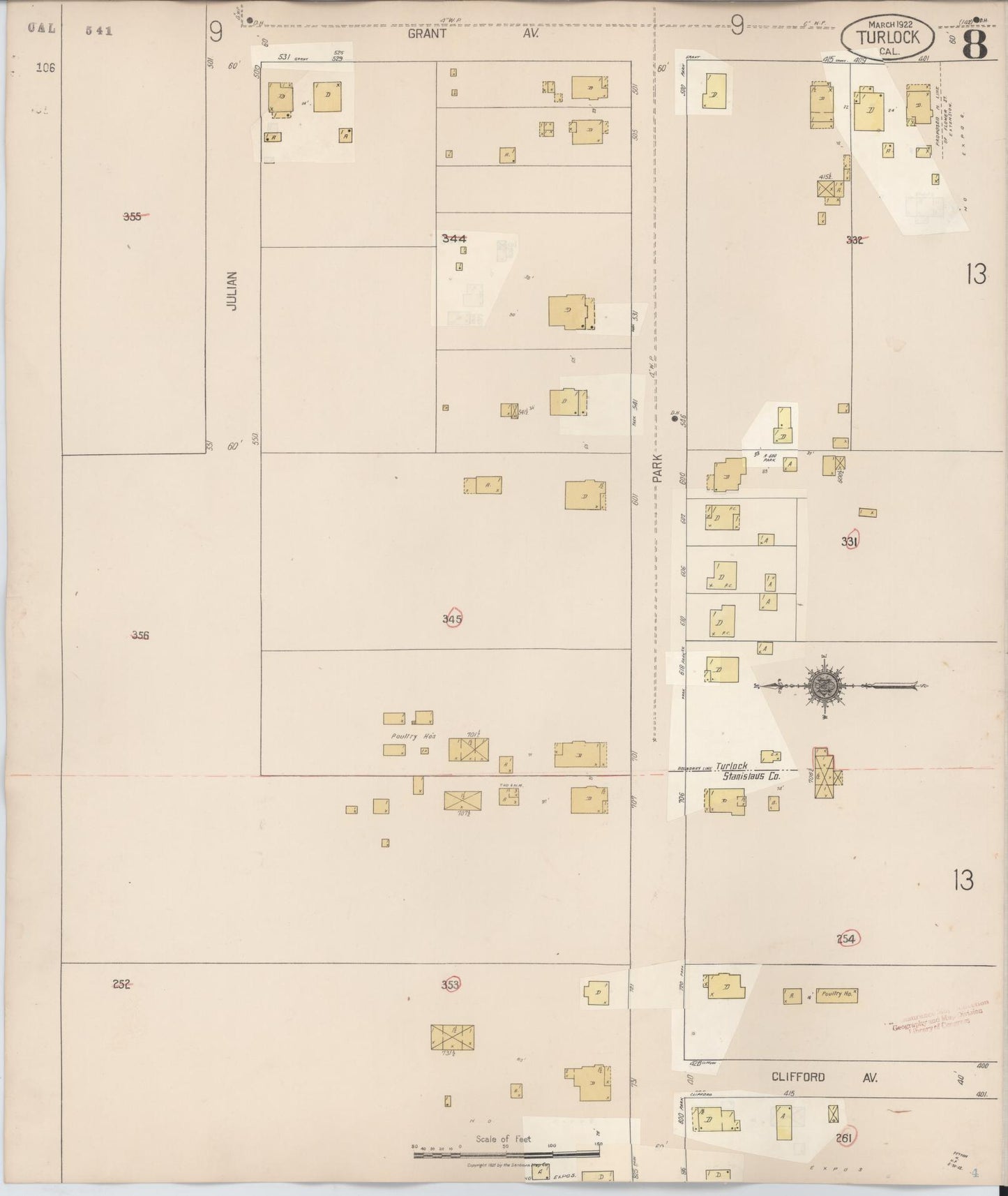 Sanborn Fire Insurance Map from Turlock, Stanislaus County, California (1943), Sheet #0008 - Complete Map Set gallery image, historic Sanborn map, vintage wall art, California California